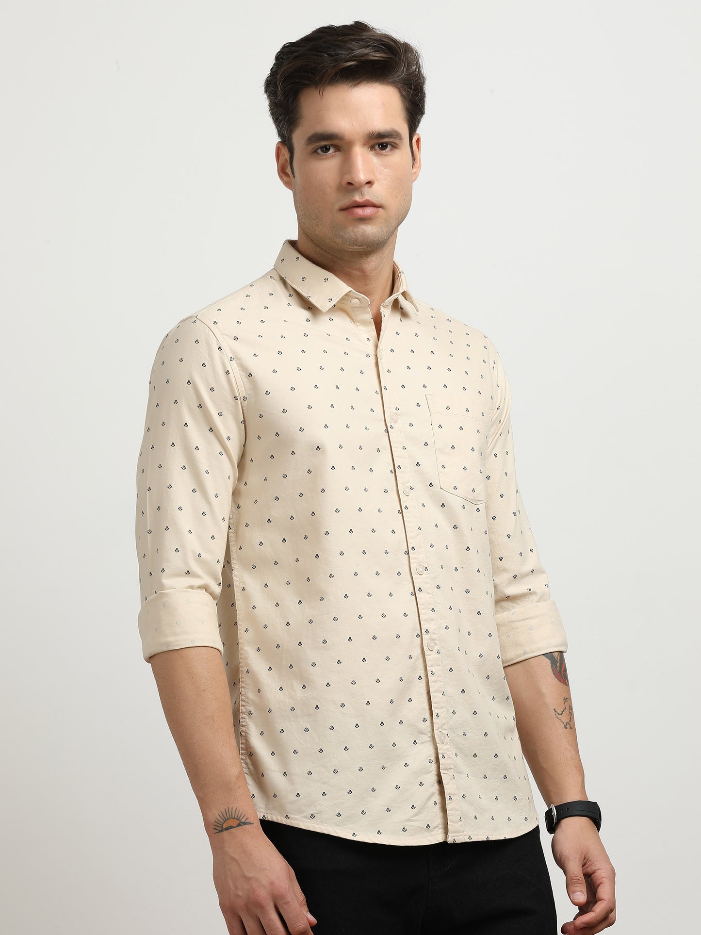 Men’s Beige Micro Printed Slim Fit Casual Shirt By Black Thread