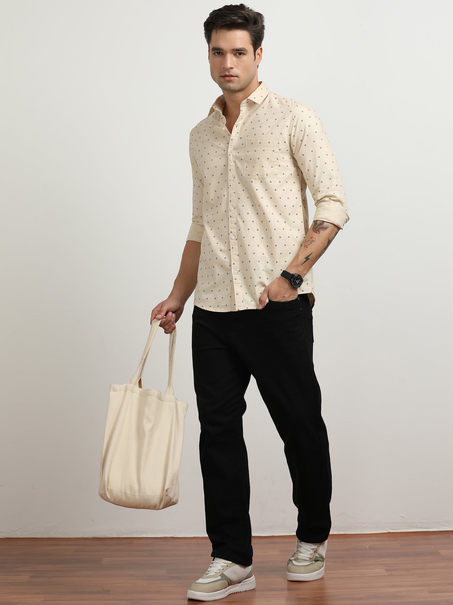 Men’s Beige Micro Printed Slim Fit Casual Shirt By Black Thread