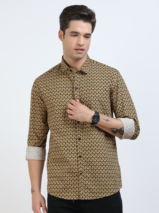 Men’s Brown Geometric Printed Casual Shirt By Black Thread