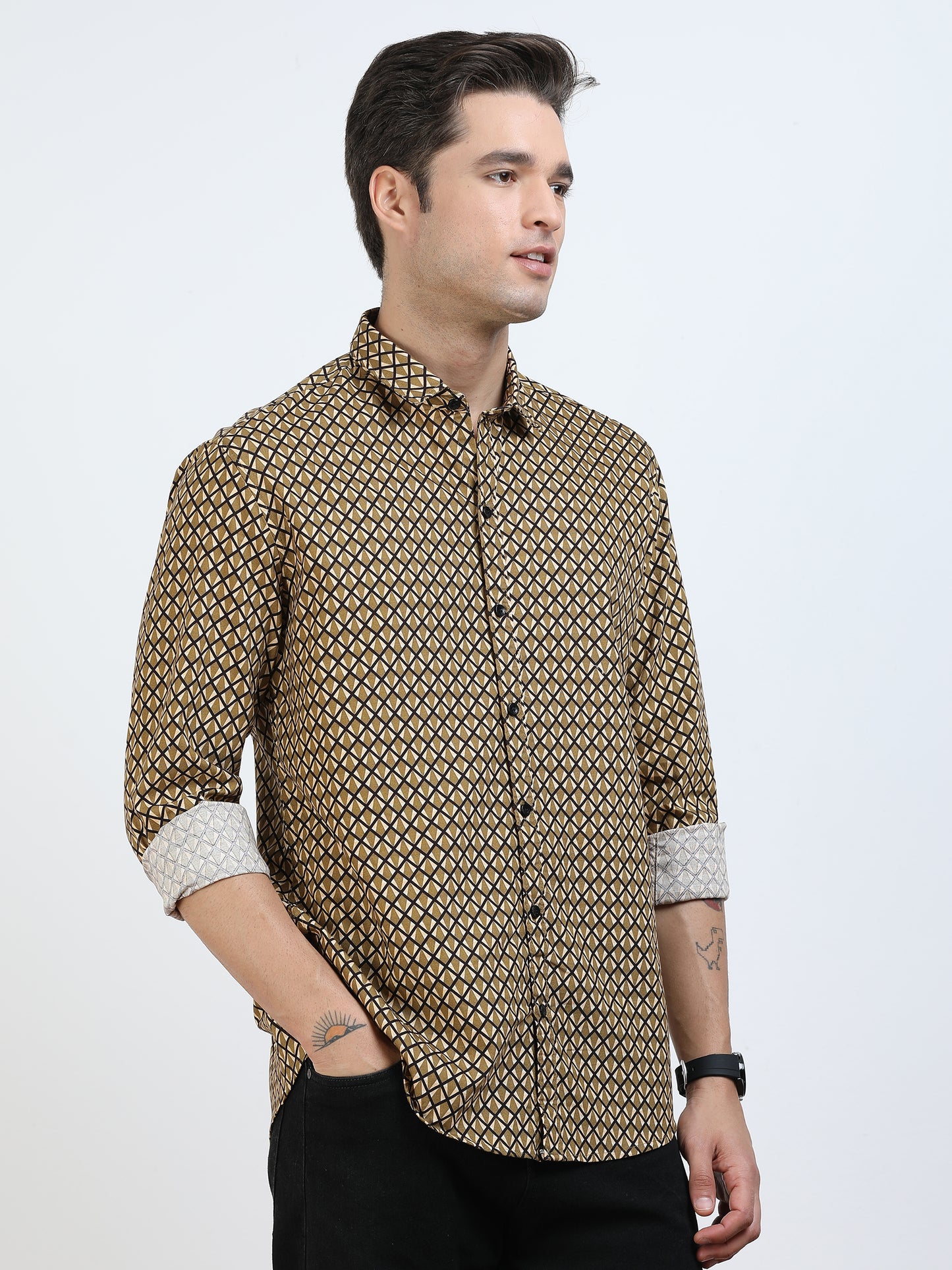 Men’s Brown Geometric Printed Casual Shirt By Black Thread