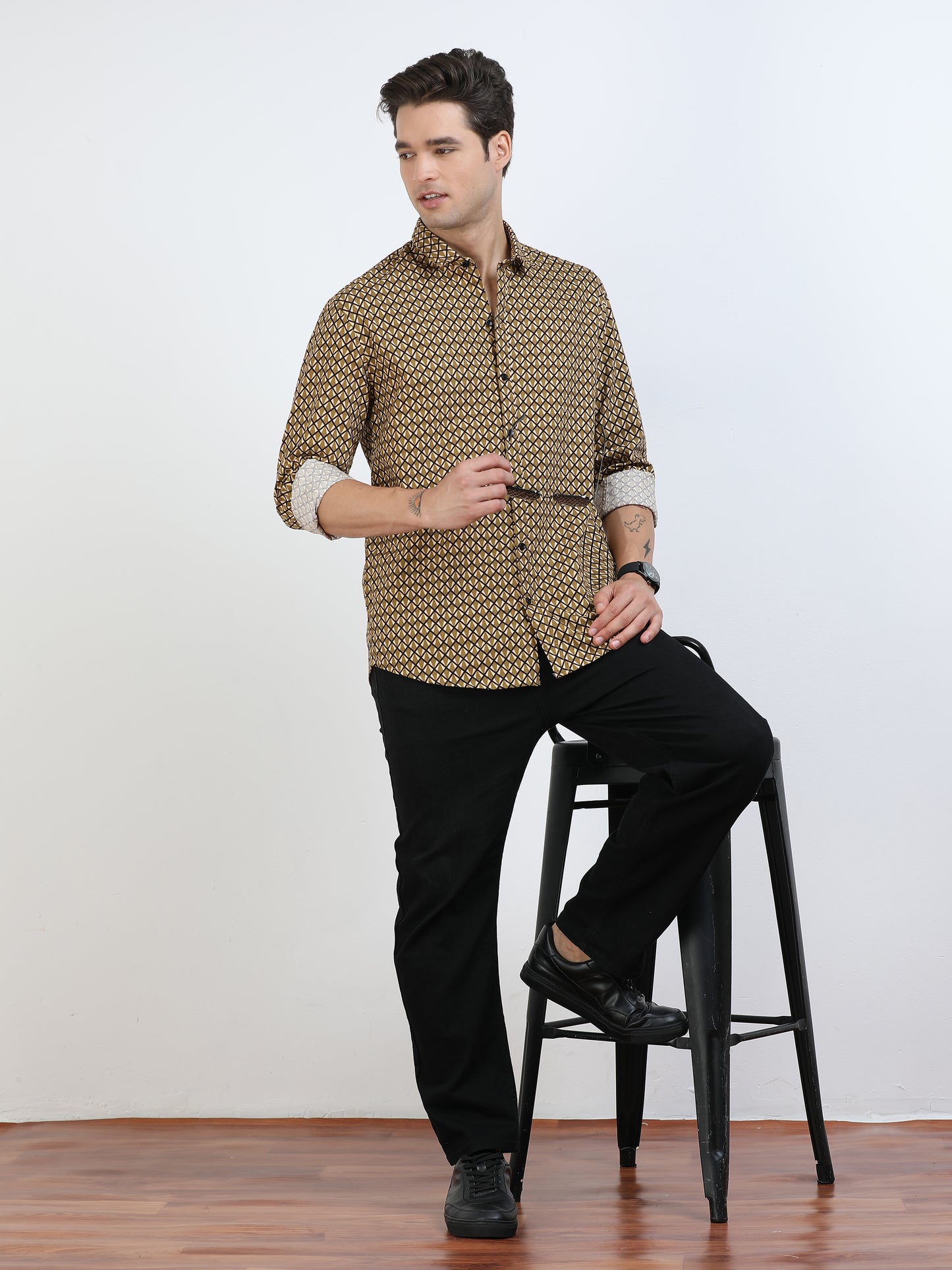 Men’s Brown Geometric Printed Casual Shirt By Black Thread