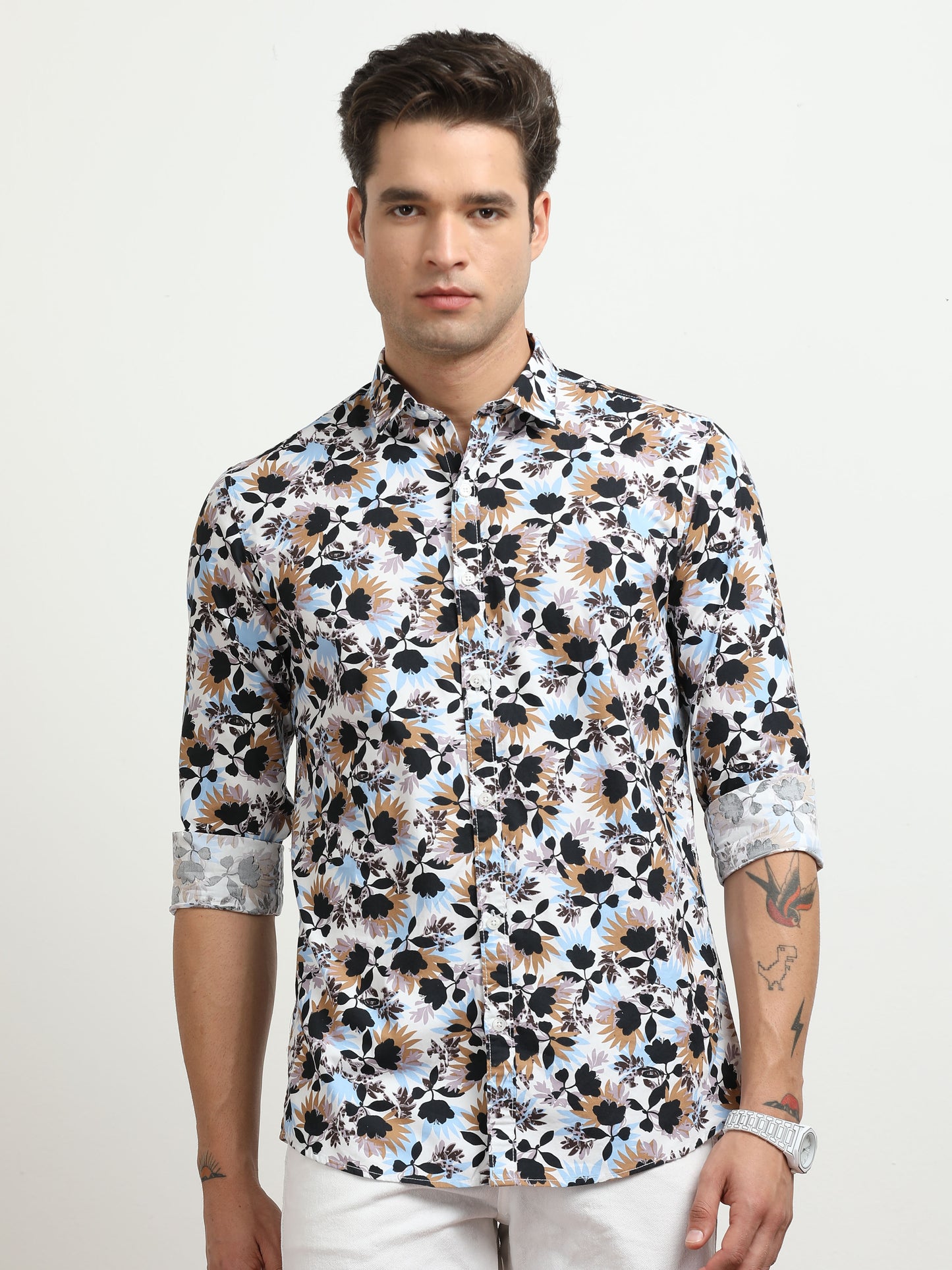 Men’s White Multi-Colored Floral Printed Slim Fit Casual Shirt By Black Thread