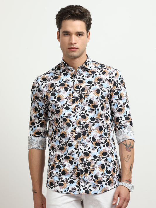 Men’s White Multi-Colored Floral Printed Slim Fit Casual Shirt By Black Thread