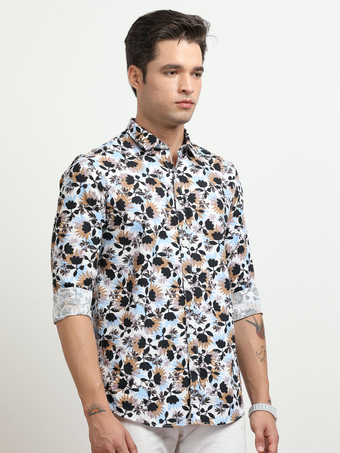 Men’s White Multi-Colored Floral Printed Slim Fit Casual Shirt By Black Thread