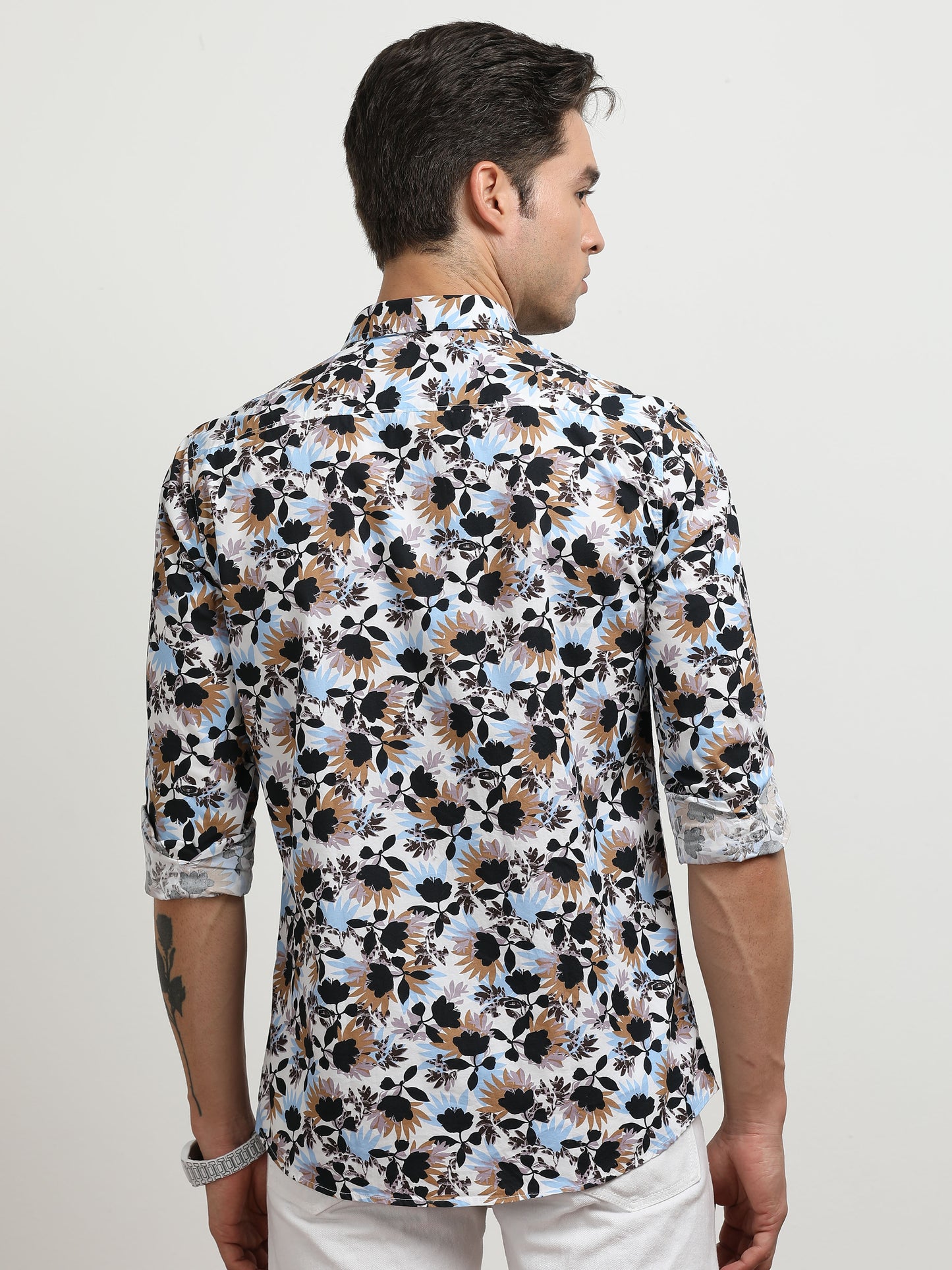 Men’s White Multi-Colored Floral Printed Slim Fit Casual Shirt By Black Thread
