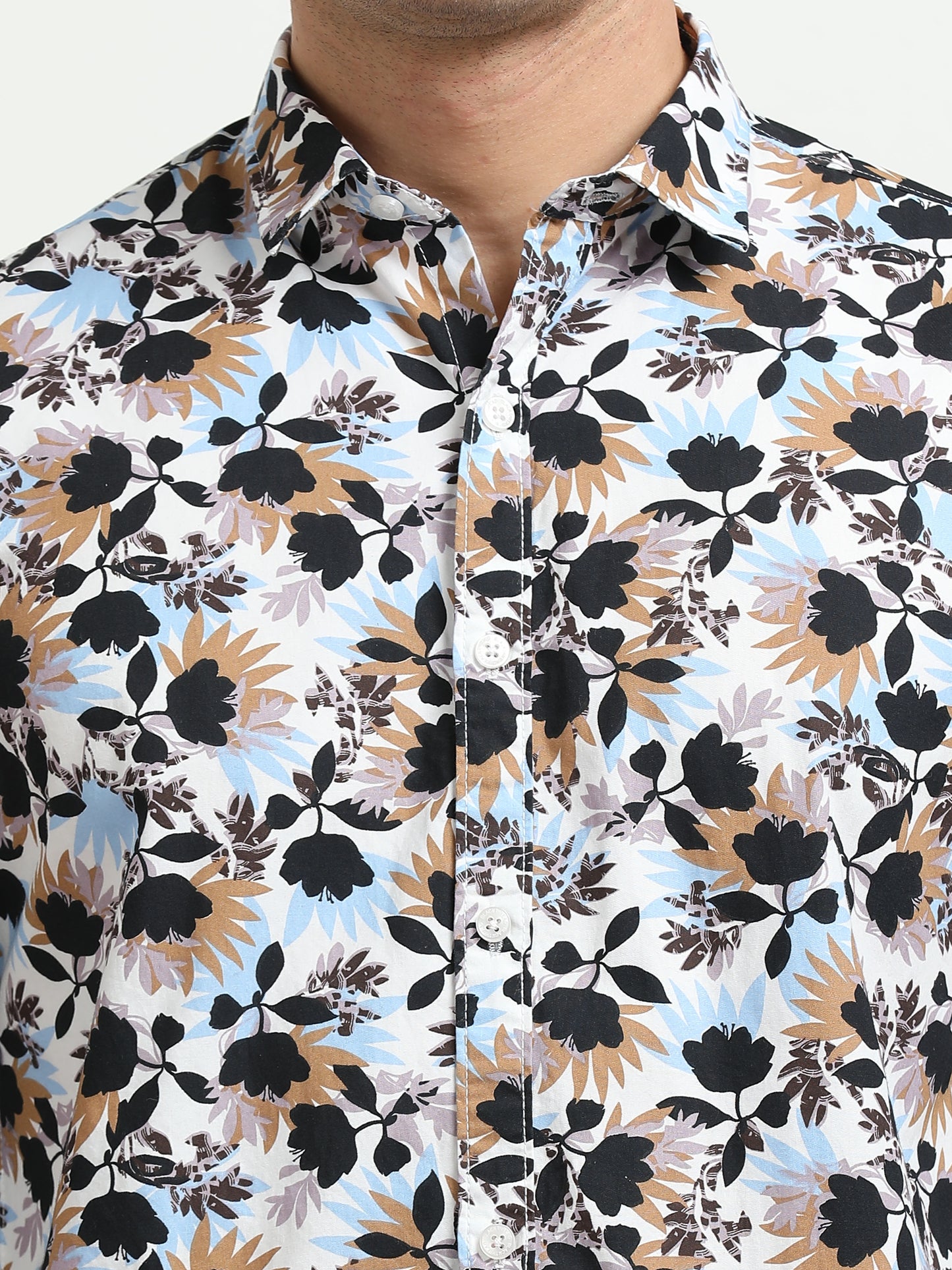 Men’s White Multi-Colored Floral Printed Slim Fit Casual Shirt By Black Thread