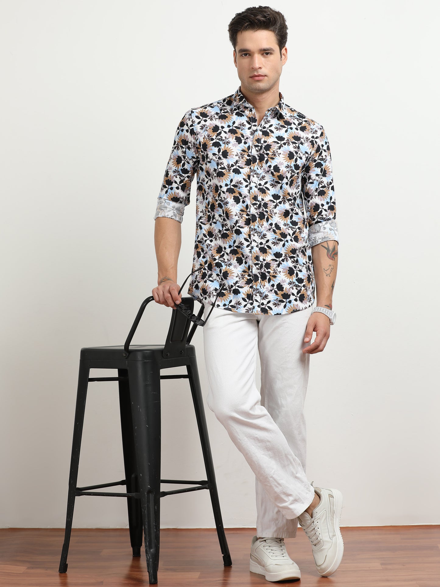 Men’s White Multi-Colored Floral Printed Slim Fit Casual Shirt By Black Thread