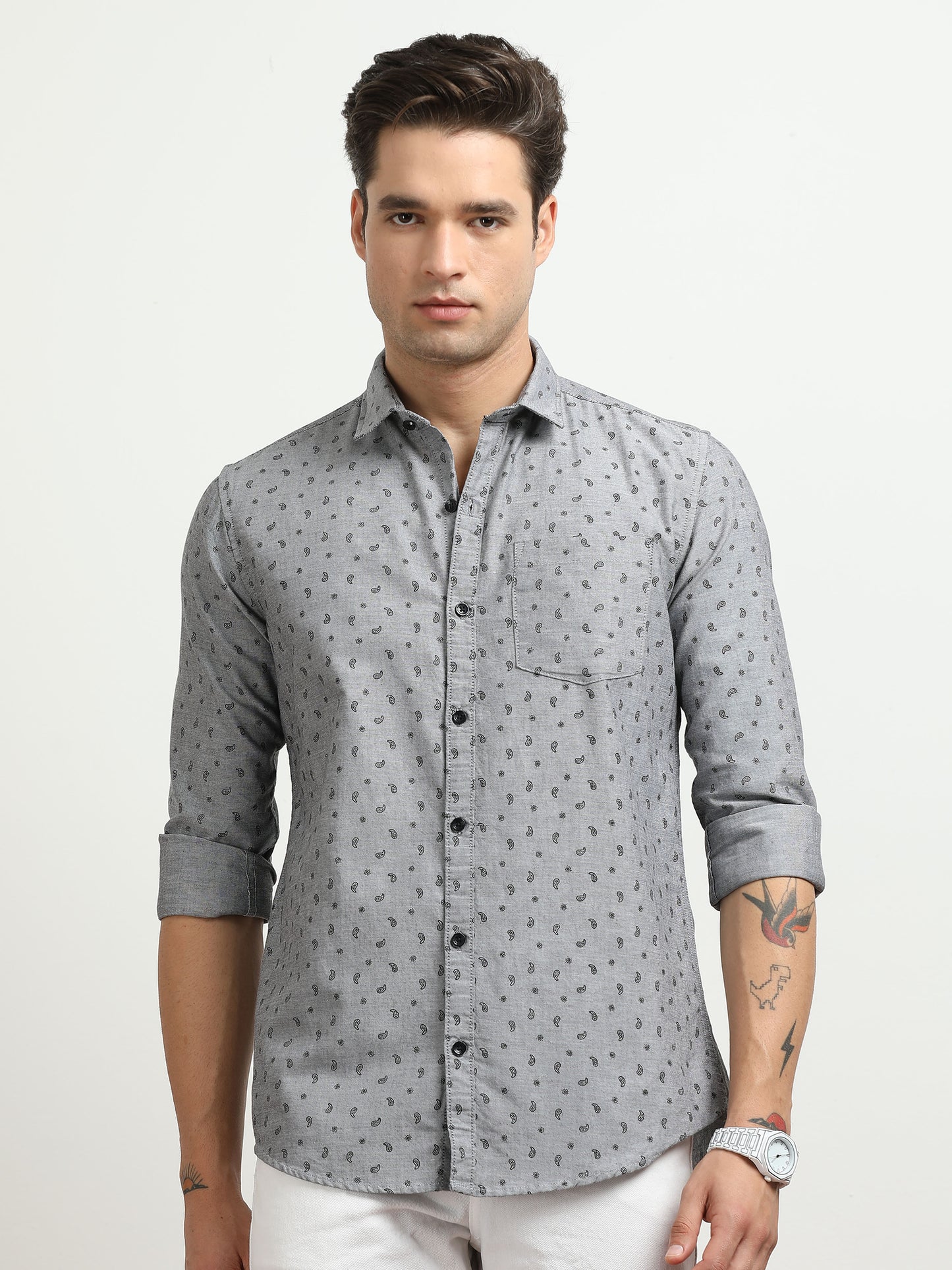 Men’s Grey Micro Printed Slim Fit Casual Shirt By Black Thread