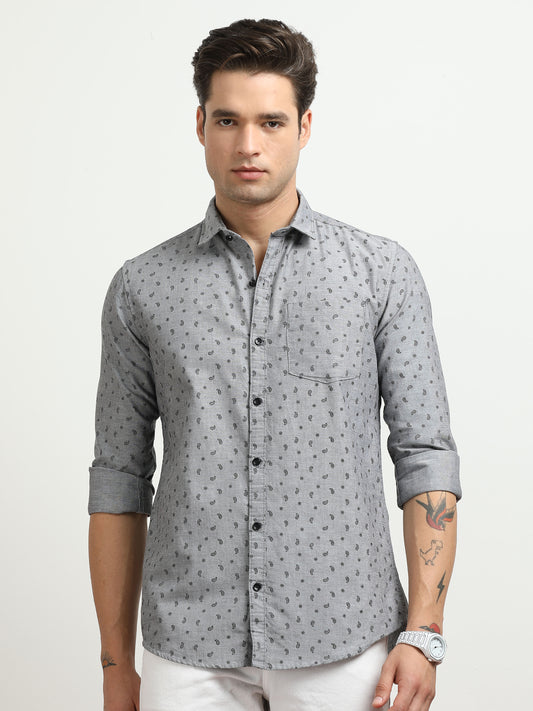 Men’s Grey Micro Printed Slim Fit Casual Shirt By Black Thread