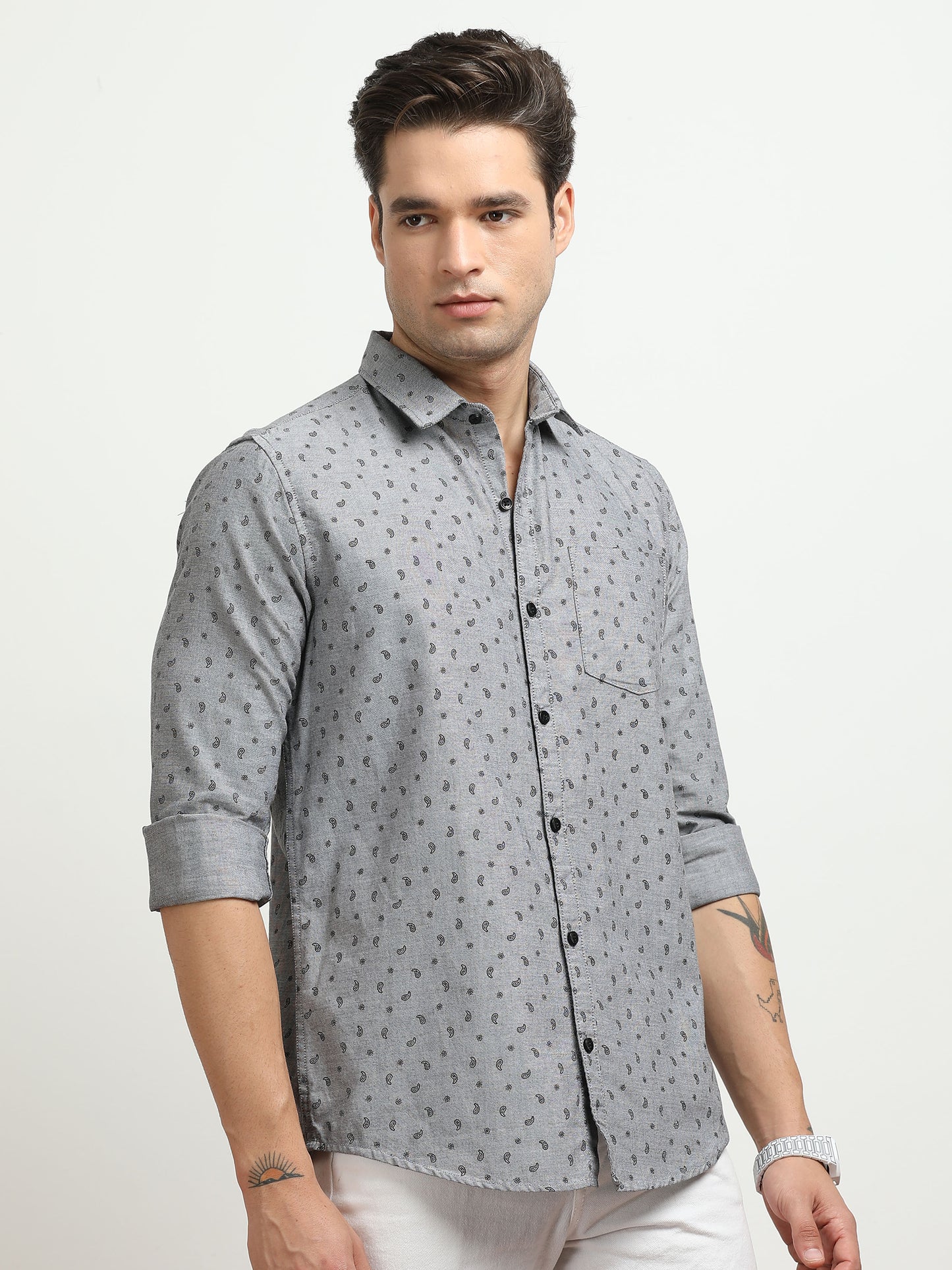Men’s Grey Micro Printed Slim Fit Casual Shirt By Black Thread
