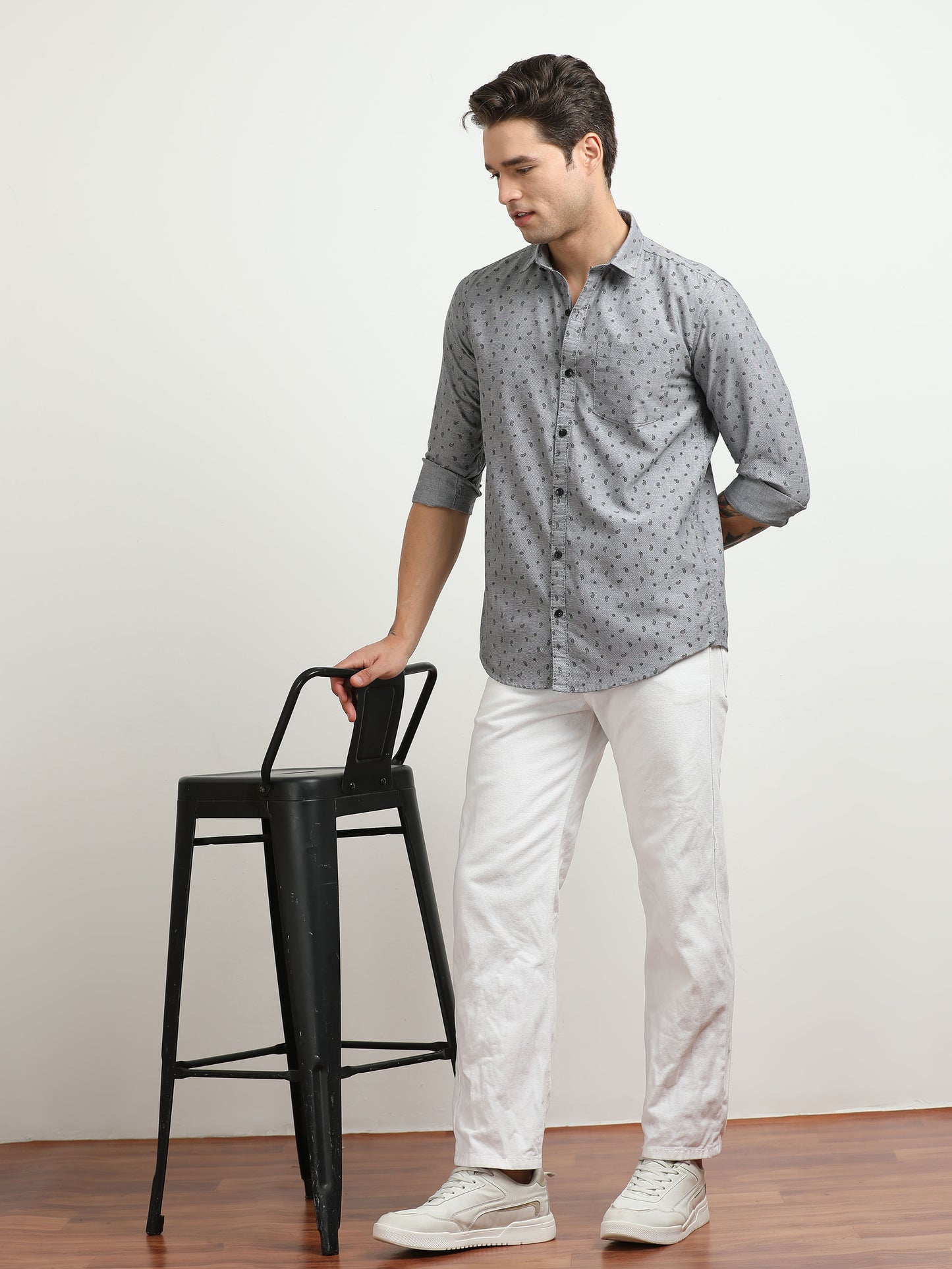Men’s Grey Micro Printed Slim Fit Casual Shirt By Black Thread