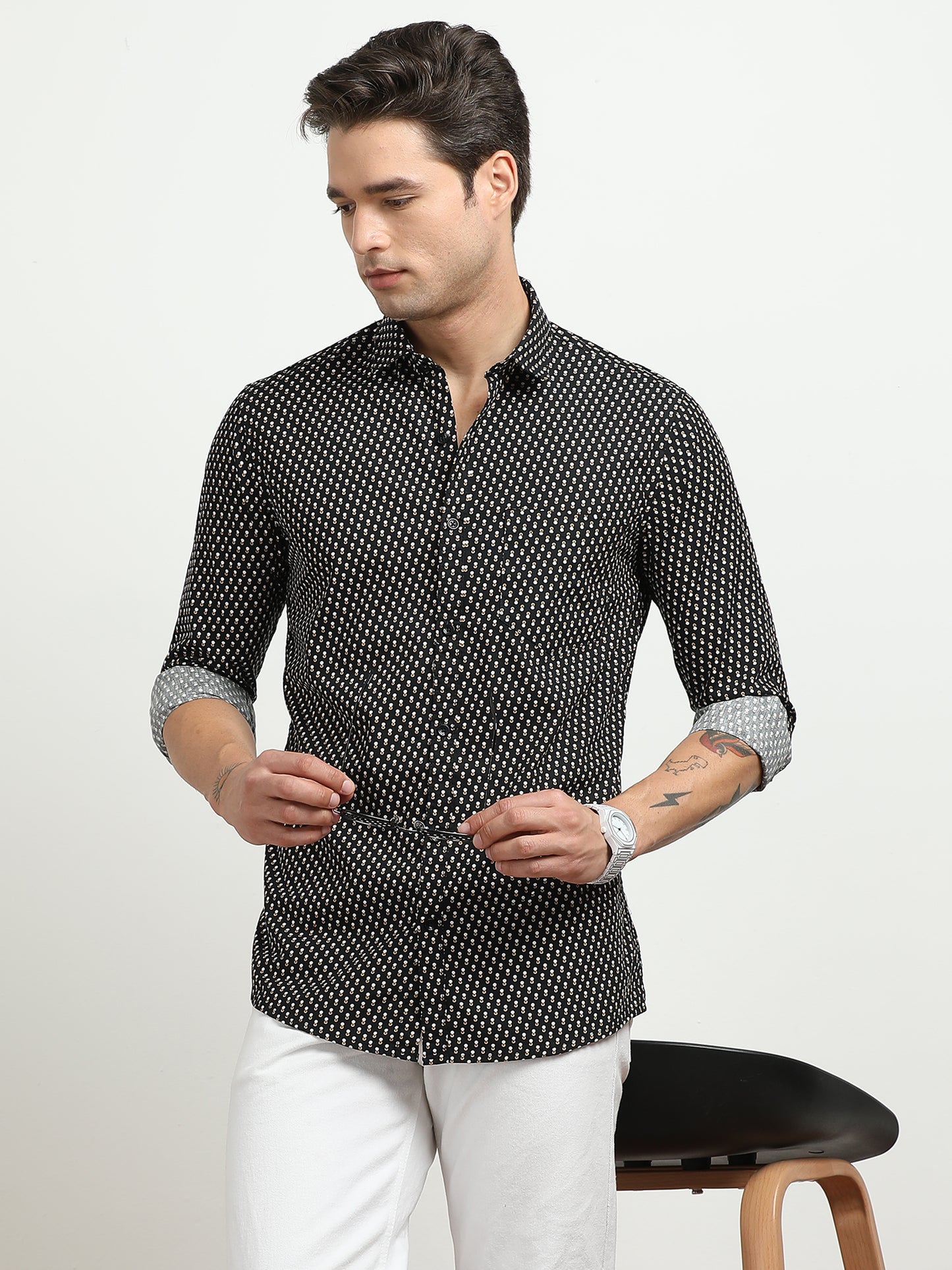 Men’s Black Geometric Printed Slim Fit Casual Shirt By Black Thread