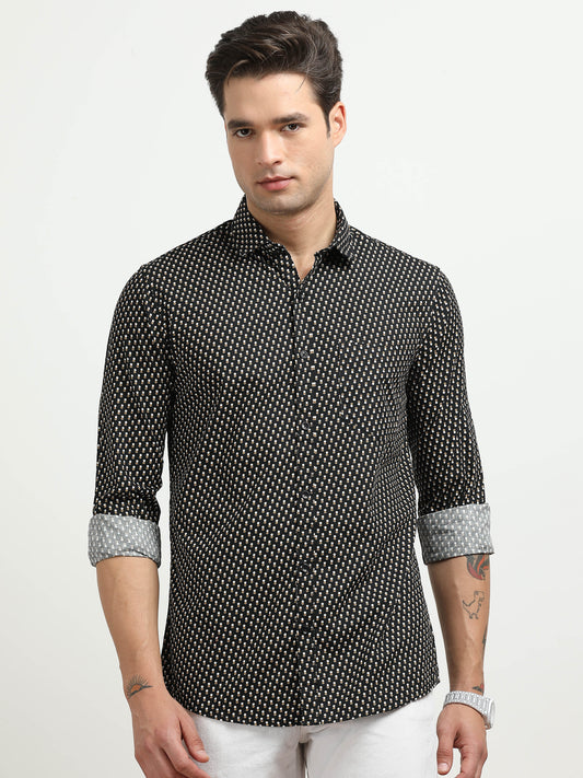 Men’s Black Geometric Printed Slim Fit Casual Shirt By Black Thread