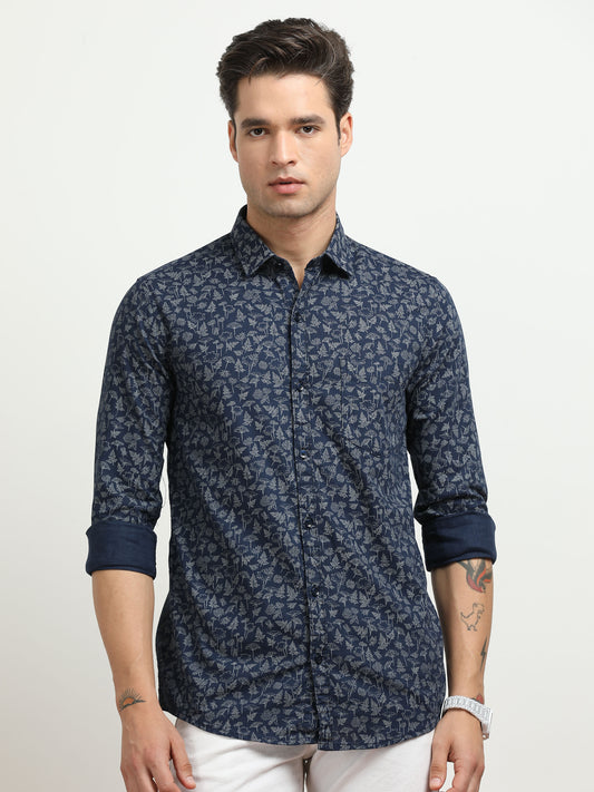 Men’s Navy Blue Floral Printed Casual Shirt By Black Thread