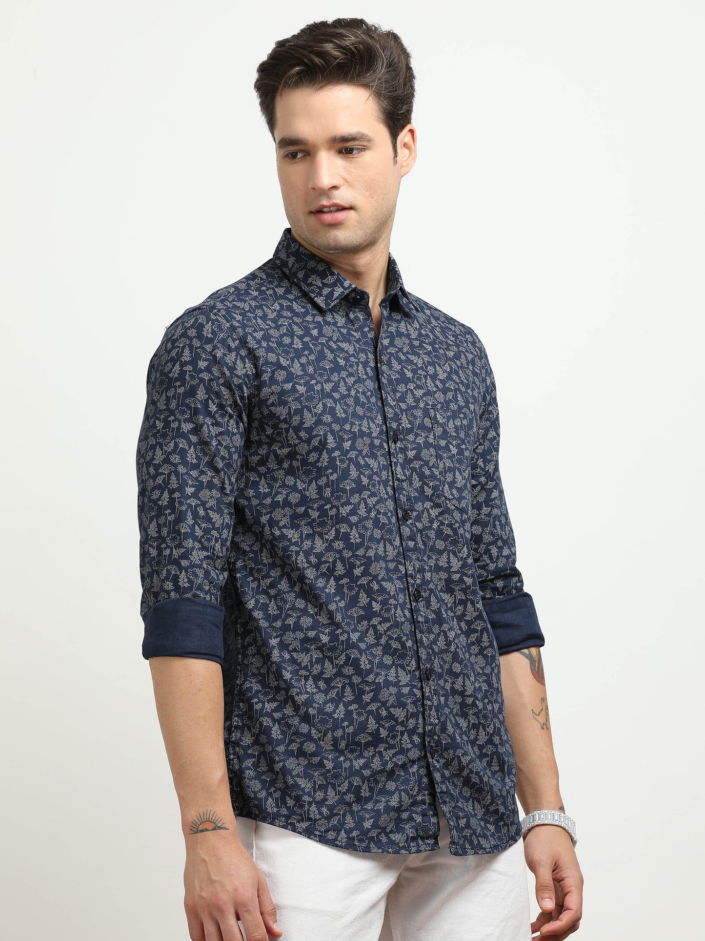 Men’s Navy Blue Floral Printed Casual Shirt By Black Thread