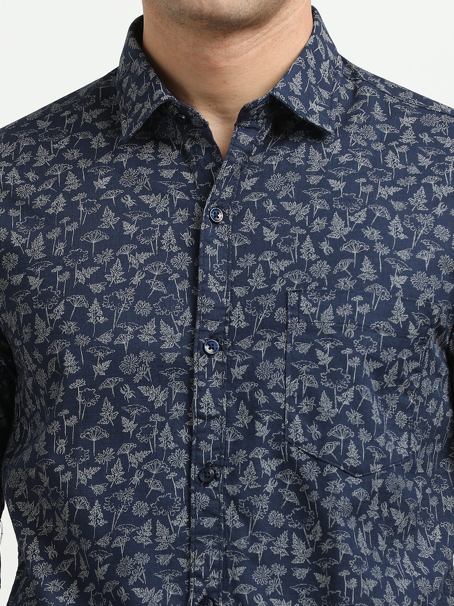 Men’s Navy Blue Floral Printed Casual Shirt By Black Thread
