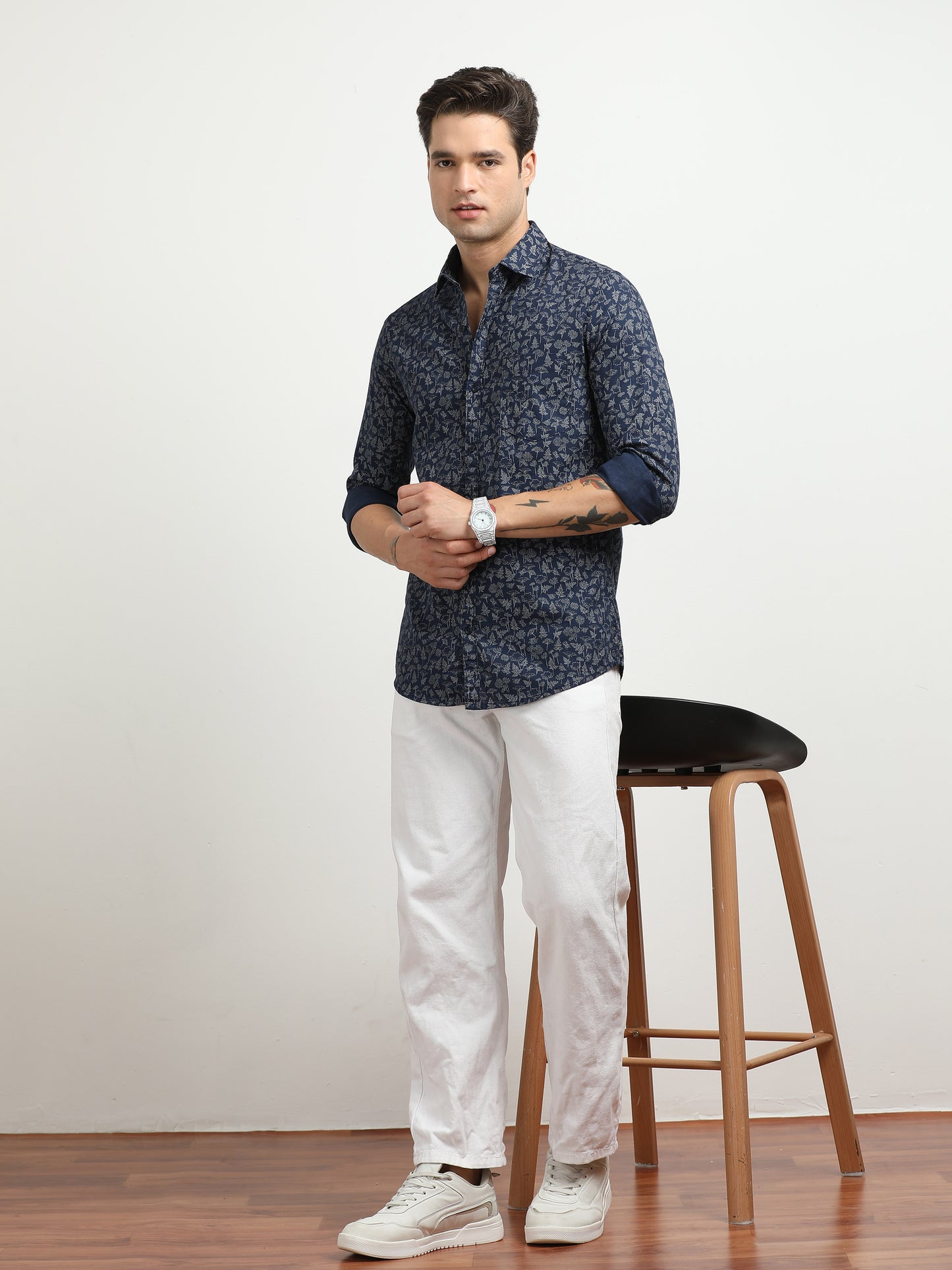 Men’s Navy Blue Floral Printed Casual Shirt By Black Thread
