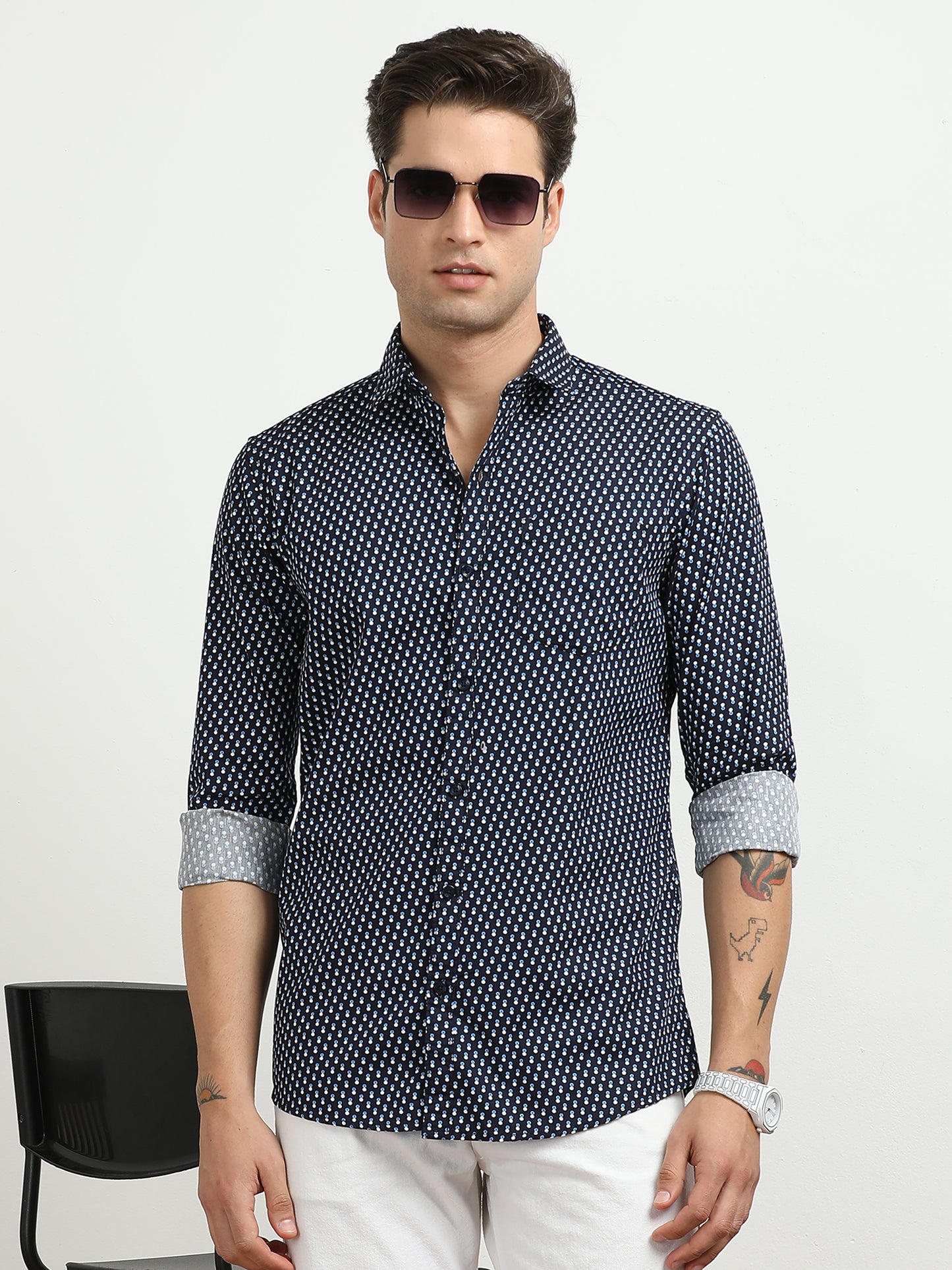 Men’s Navy Blue Geometric Printed Slim Fit Shirt By Black Thread