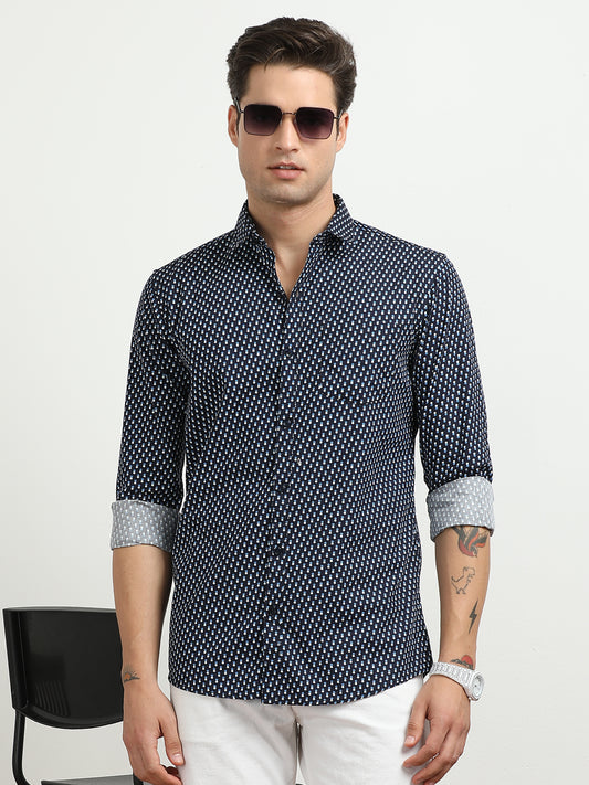 Men’s Navy Blue Geometric Printed Slim Fit Shirt By Black Thread