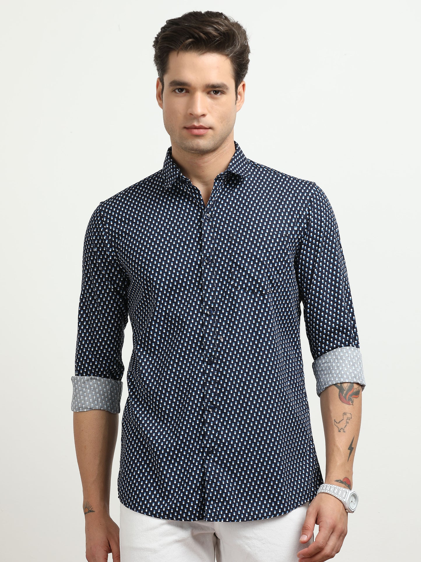 Men’s Navy Blue Geometric Printed Slim Fit Shirt By Black Thread