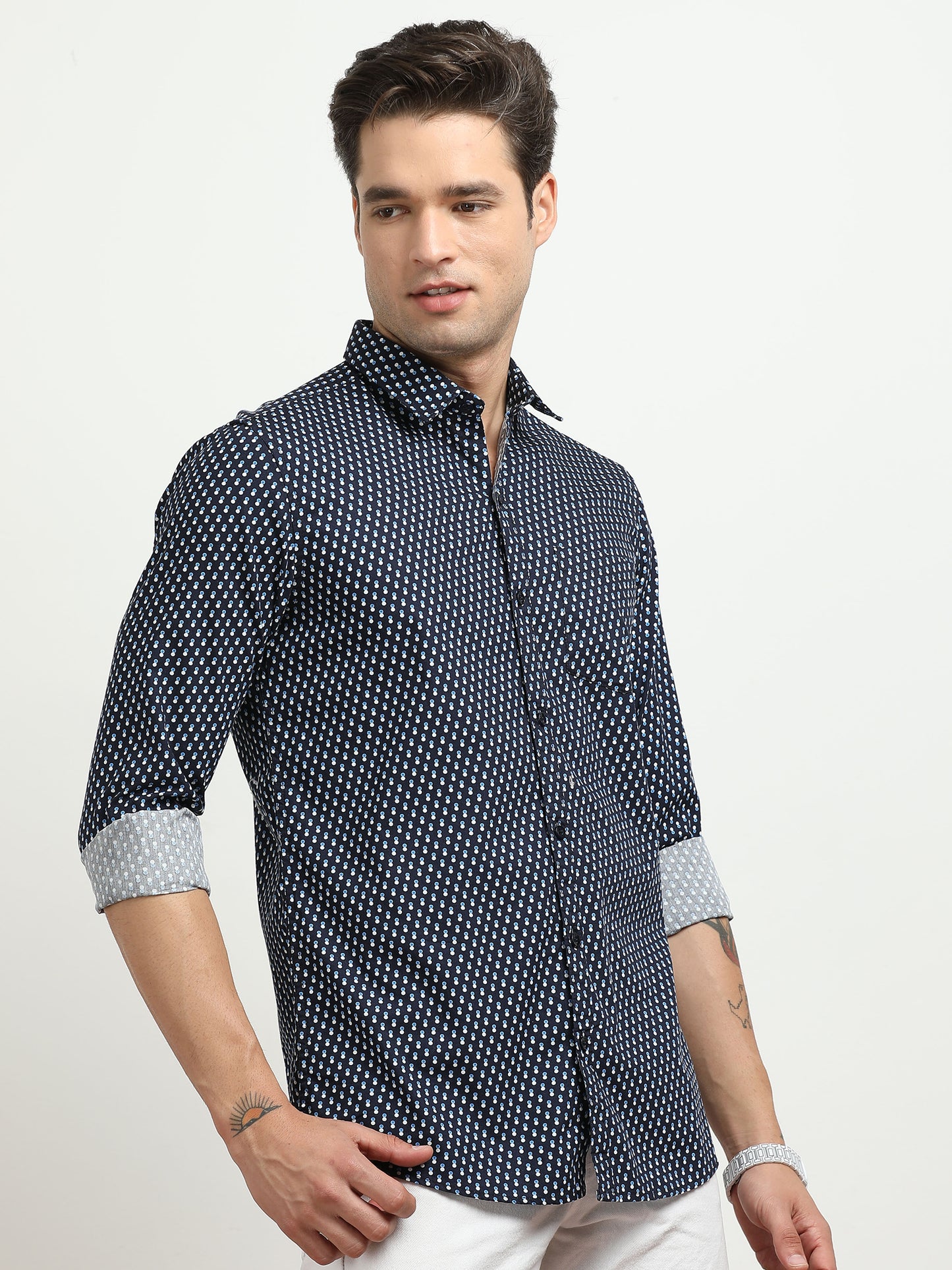 Men’s Navy Blue Geometric Printed Slim Fit Shirt By Black Thread