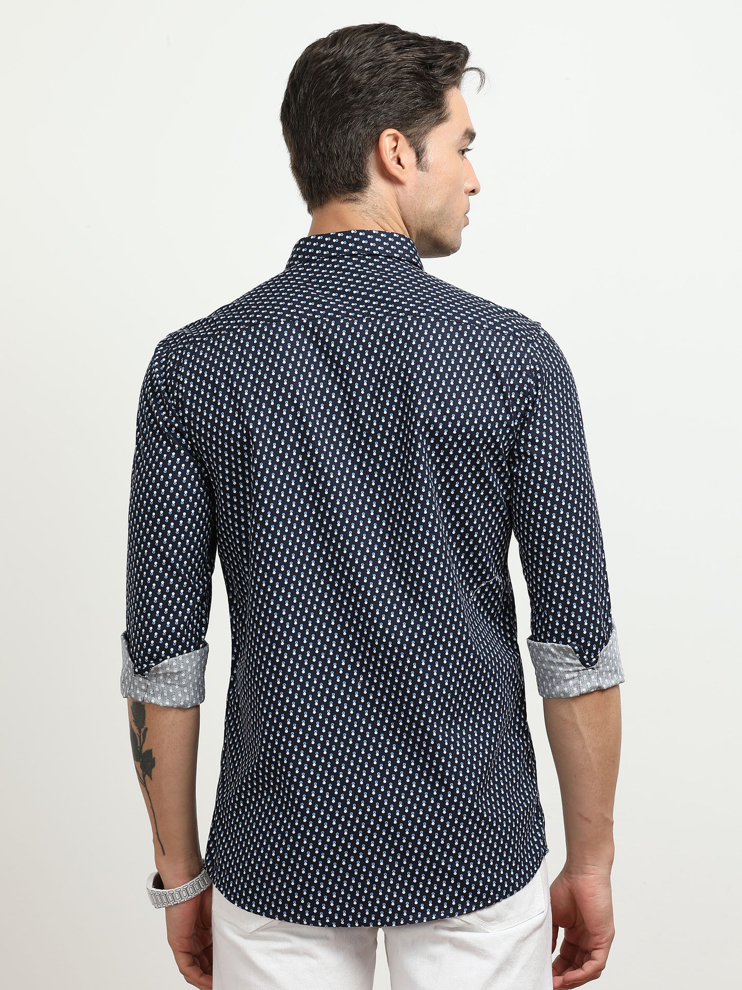 Men’s Navy Blue Geometric Printed Slim Fit Shirt By Black Thread