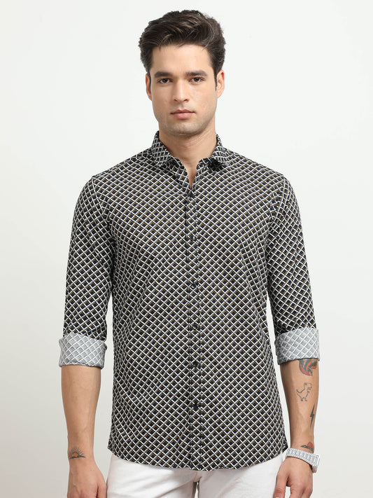 Men’s Black & Beige Geometric Printed Casual Shirt By Black Thread