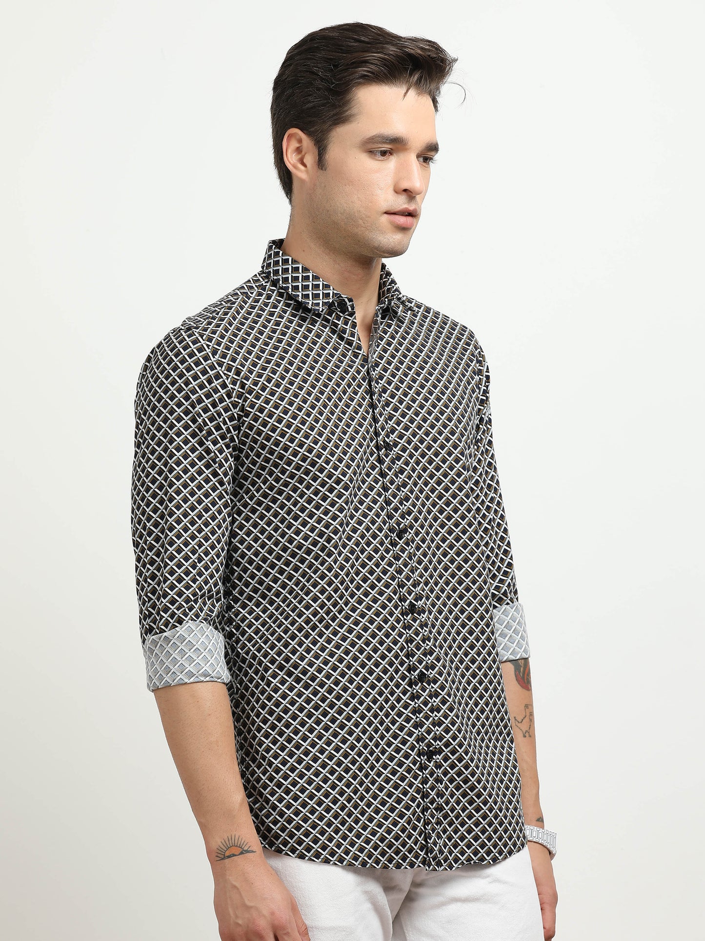Men’s Black & Beige Geometric Printed Casual Shirt By Black Thread