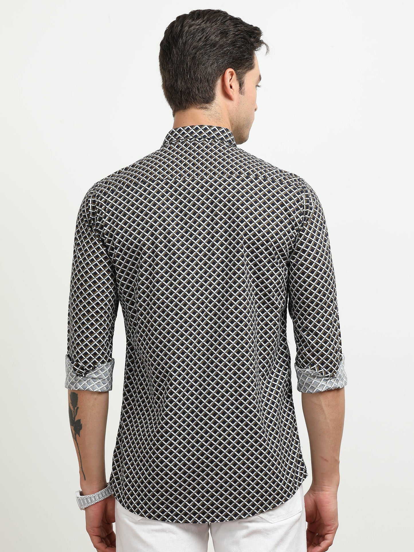 Men’s Black & Beige Geometric Printed Casual Shirt By Black Thread