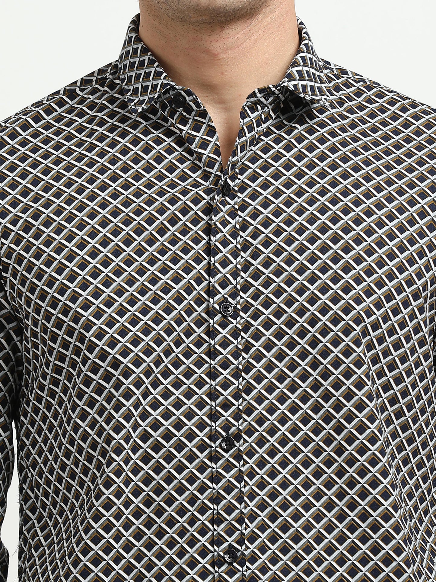 Men’s Black & Beige Geometric Printed Casual Shirt By Black Thread