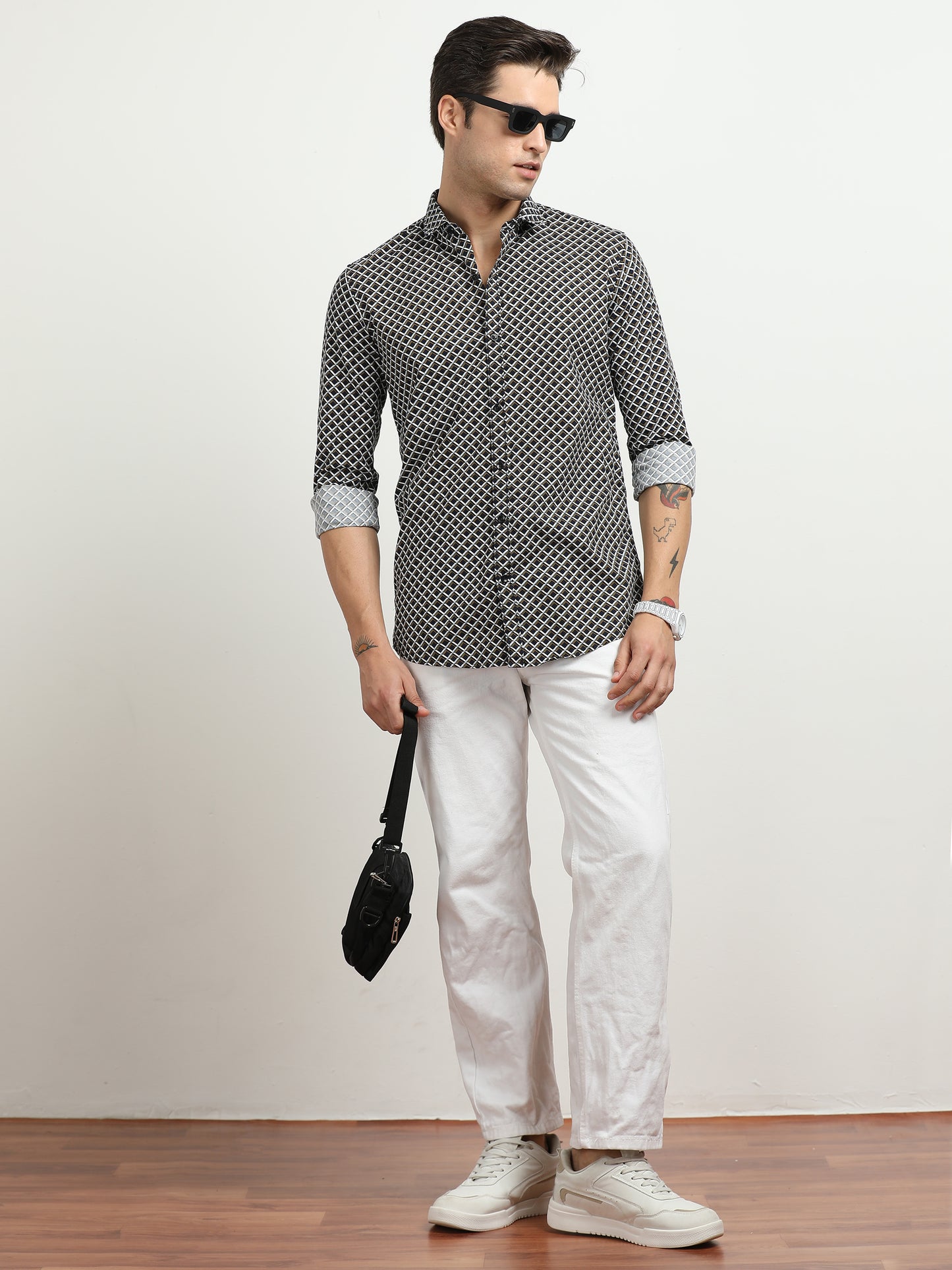 Men’s Black & Beige Geometric Printed Casual Shirt By Black Thread