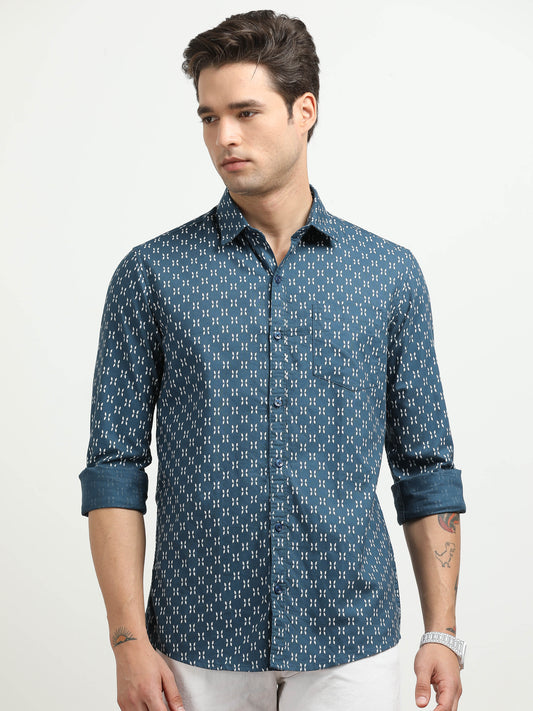 Men’s Blue Geometric Printed Slim Fit Casual Shirt By Black Thread