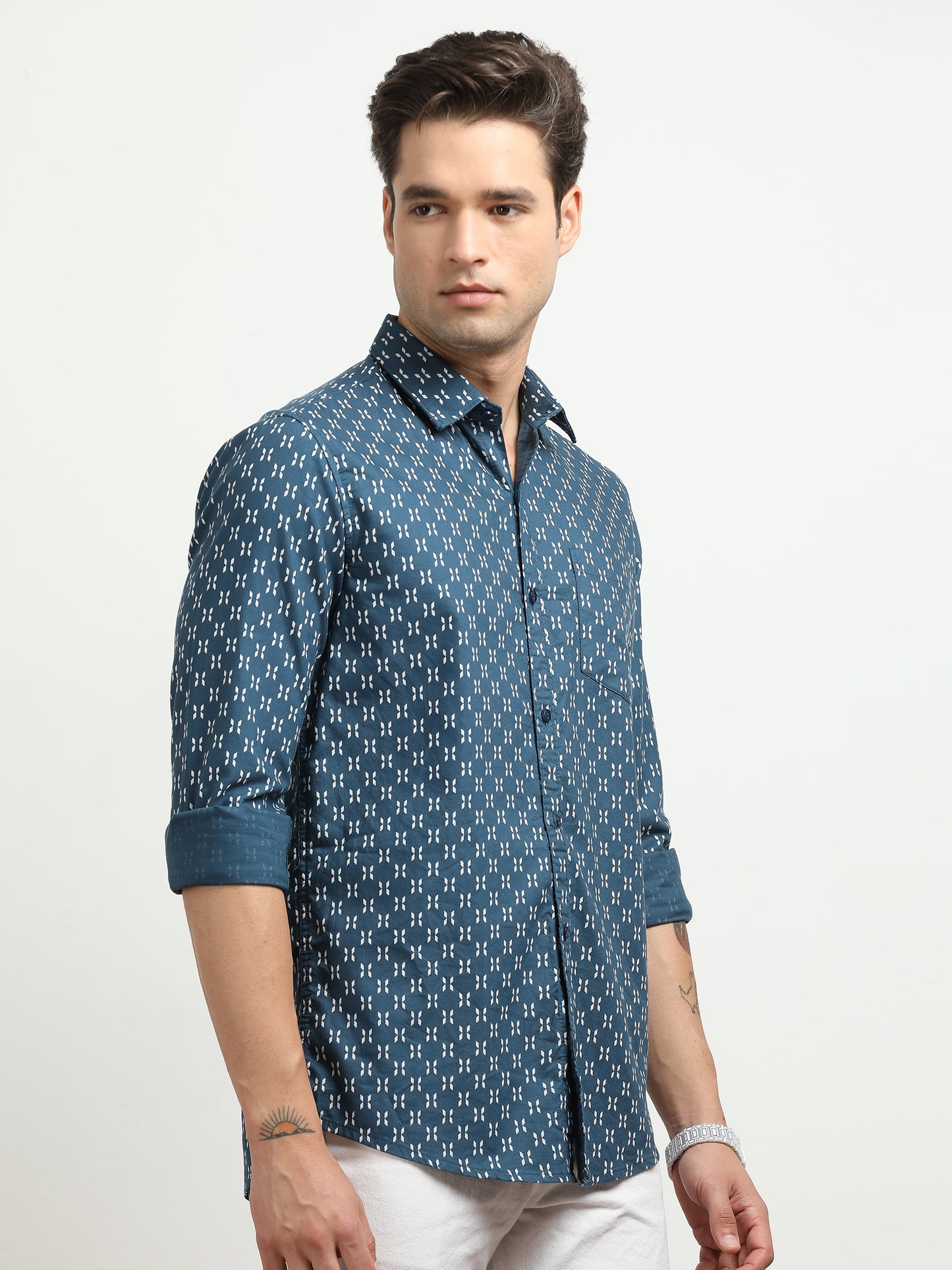 Men’s Blue Geometric Printed Slim Fit Casual Shirt By Black Thread