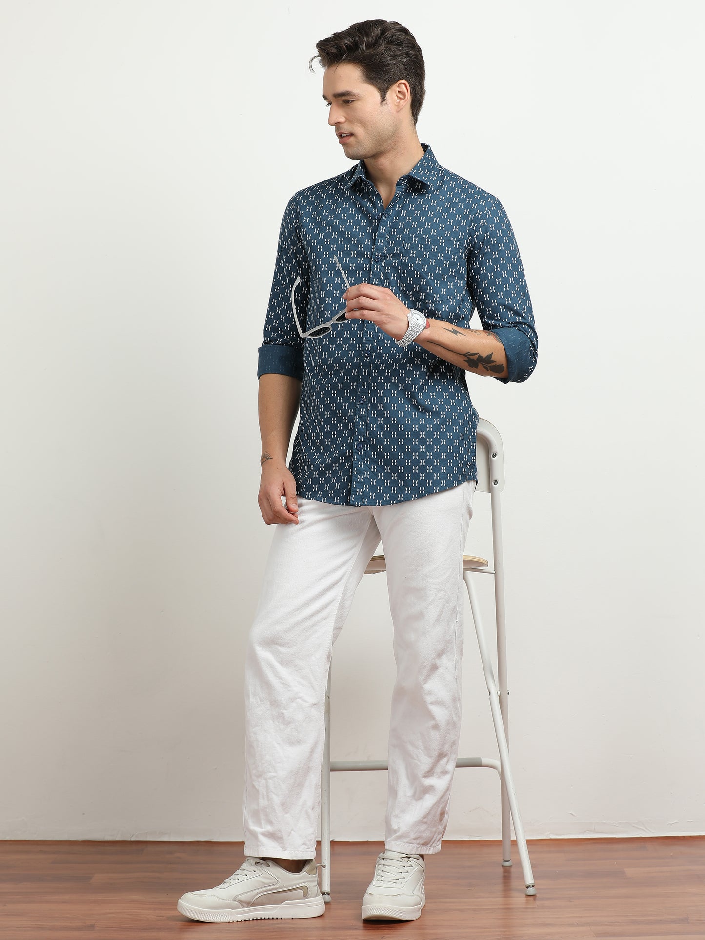 Men’s Blue Geometric Printed Slim Fit Casual Shirt By Black Thread