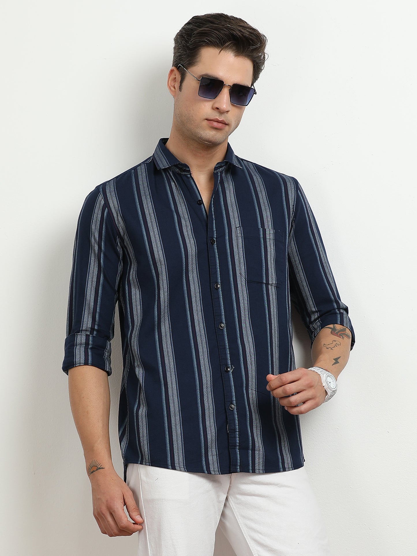Men’s Navy Blue Vertical Striped Casual Shirt By Black Thread