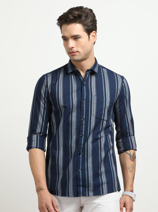 Men’s Navy Blue Vertical Striped Casual Shirt By Black Thread