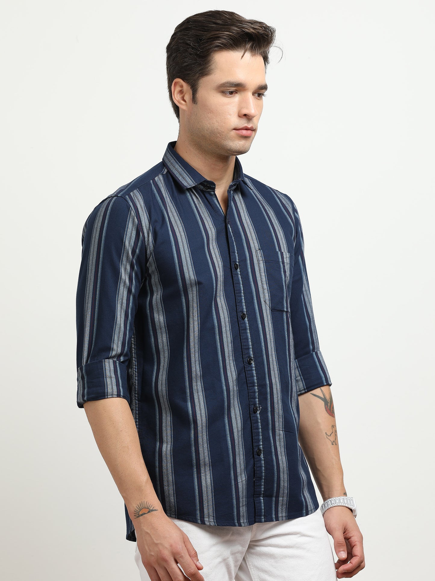 Men’s Navy Blue Vertical Striped Casual Shirt By Black Thread
