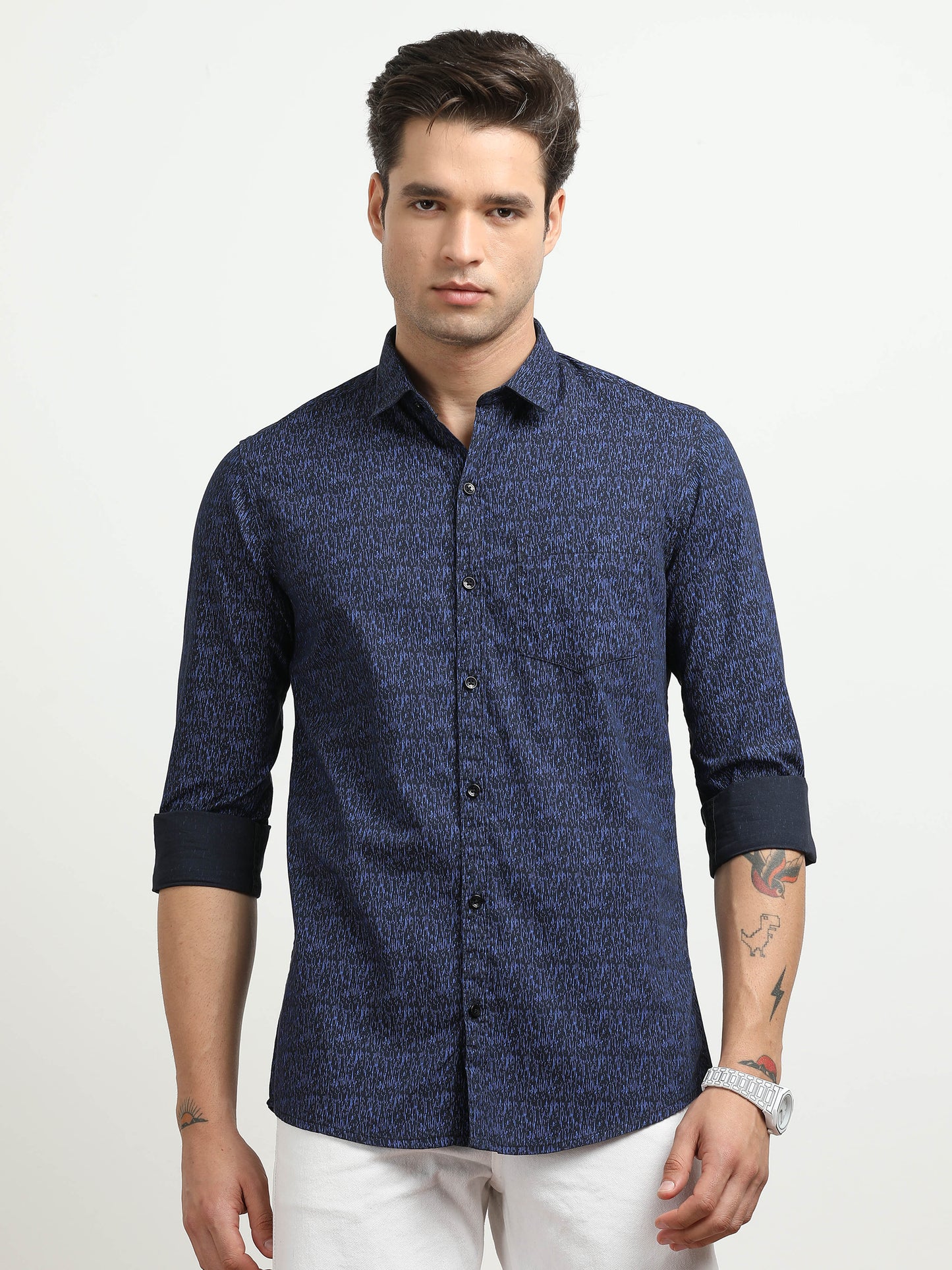 Men’s Navy Blue Abstract Printed Slim Fit Casual Shirt By Black Thread