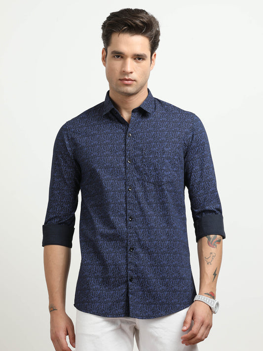 Men’s Navy Blue Abstract Printed Slim Fit Casual Shirt By Black Thread
