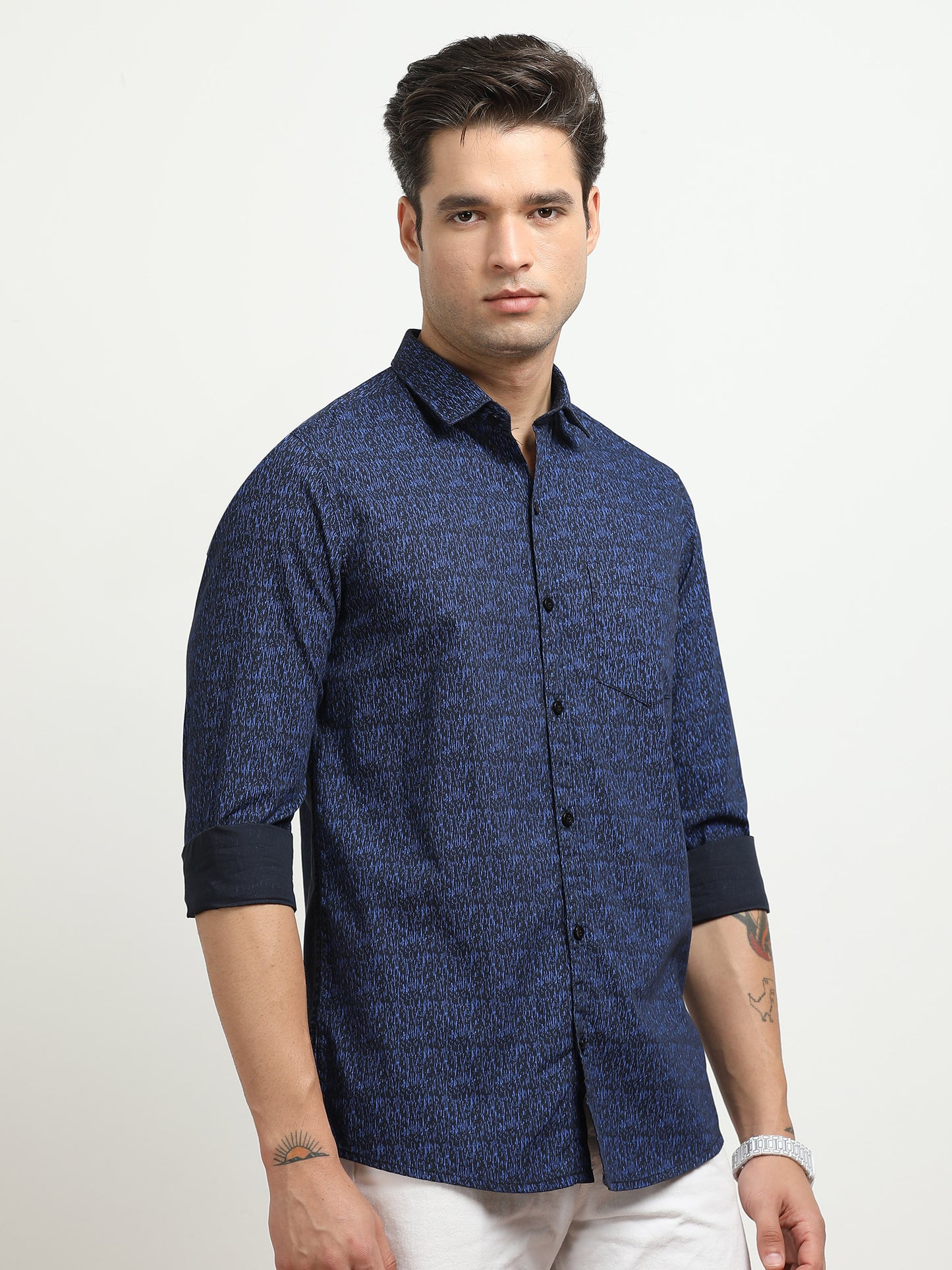 Men’s Navy Blue Abstract Printed Slim Fit Casual Shirt By Black Thread