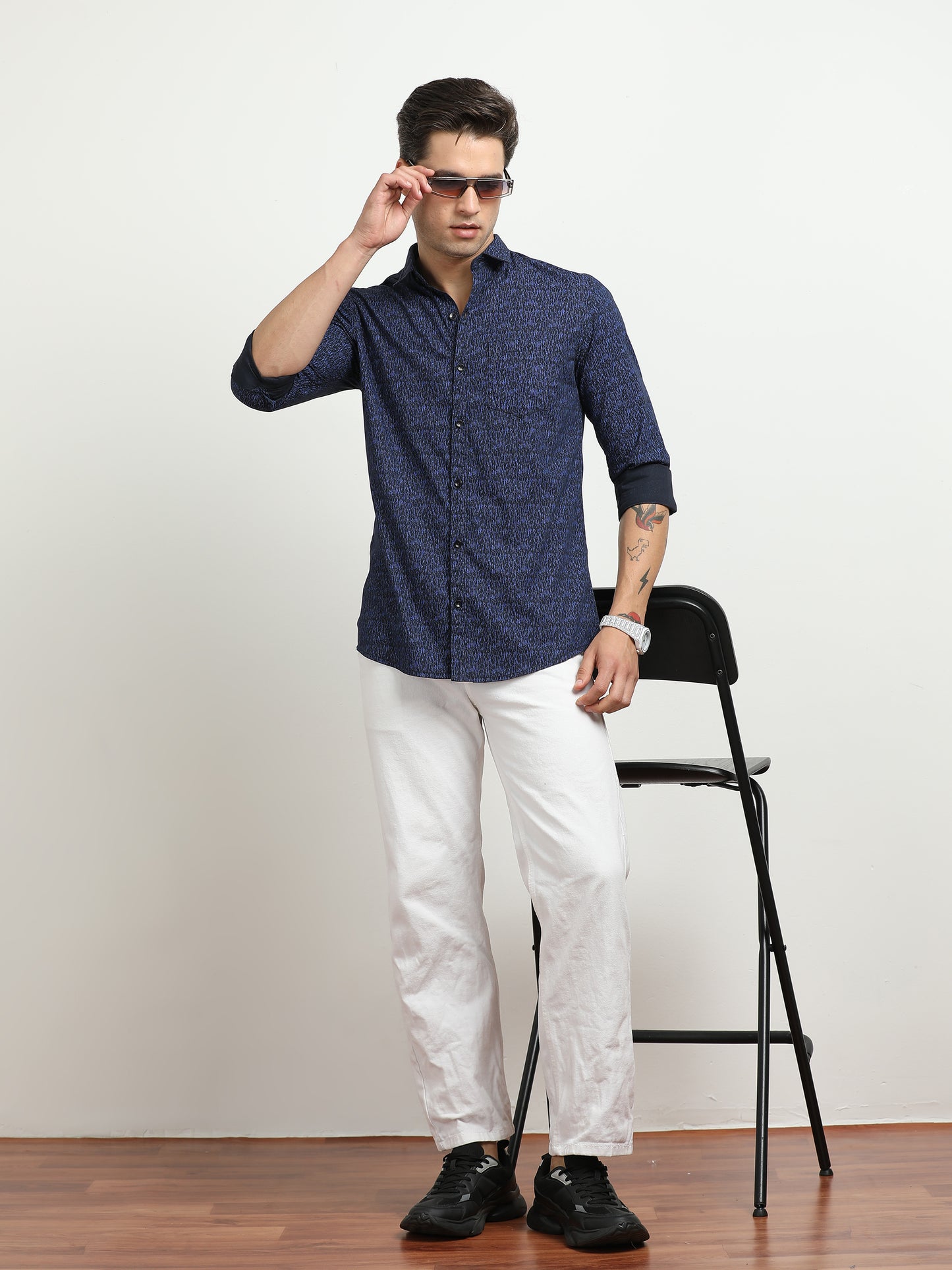 Men’s Navy Blue Abstract Printed Slim Fit Casual Shirt By Black Thread