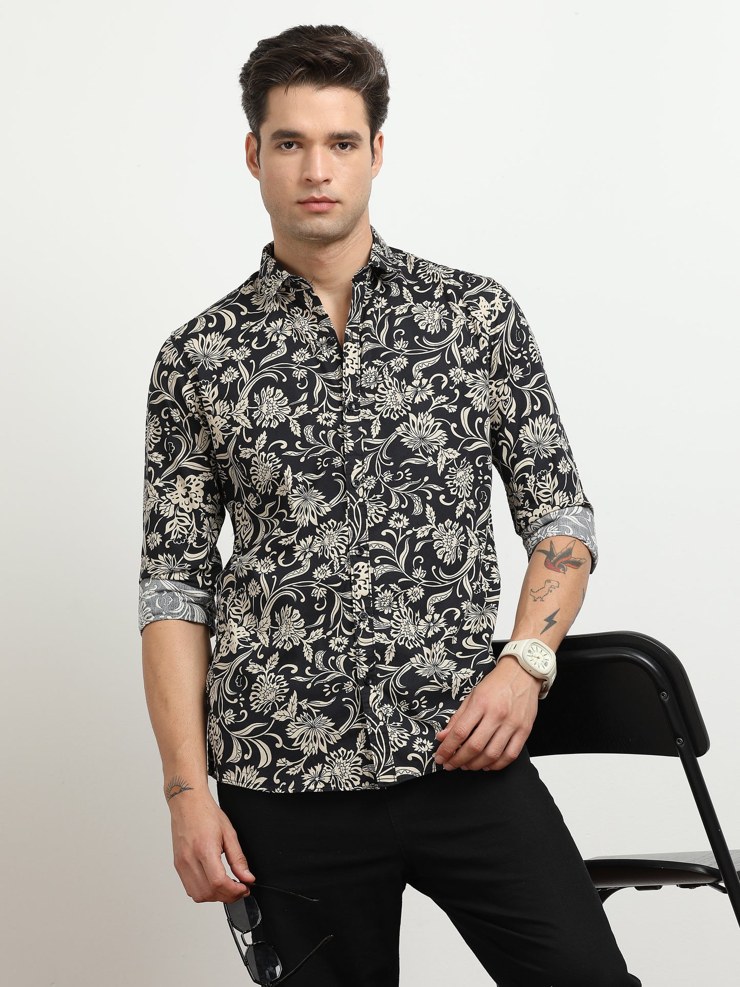 Men’s Black & Beige Floral Printed Slim Fit Casual Shirt By Black Thread
