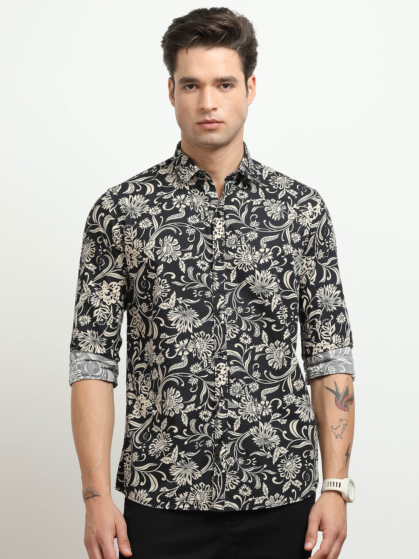 Men’s Black & Beige Floral Printed Slim Fit Casual Shirt By Black Thread