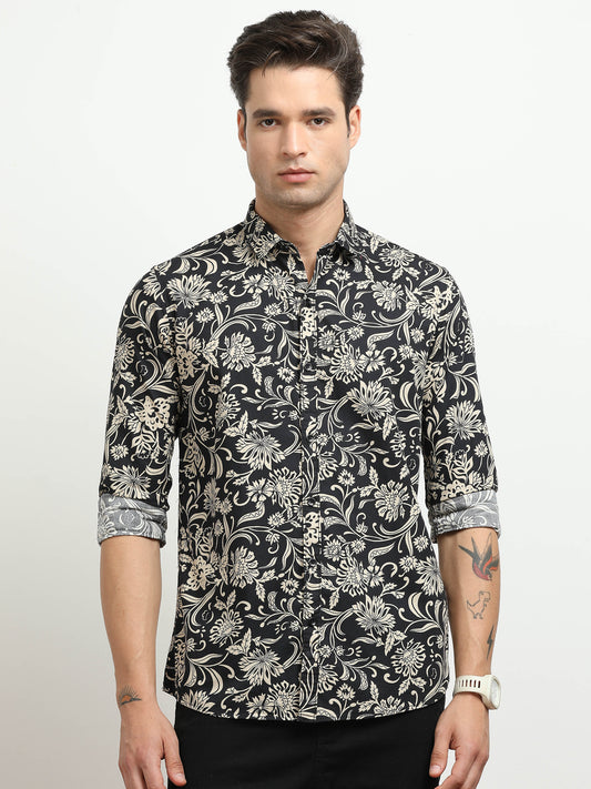 Men’s Black & Beige Floral Printed Slim Fit Casual Shirt By Black Thread