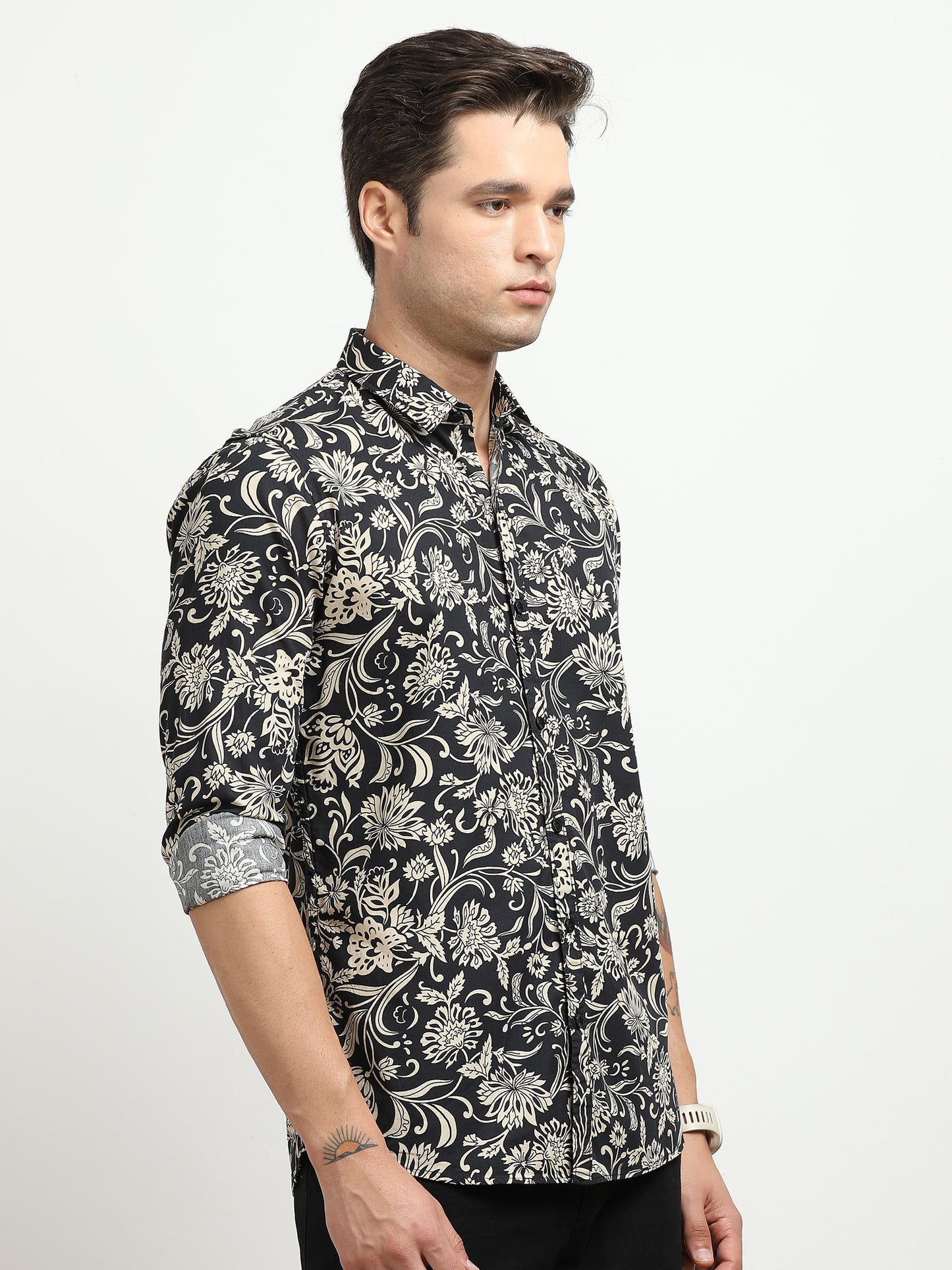 Men’s Black & Beige Floral Printed Slim Fit Casual Shirt By Black Thread