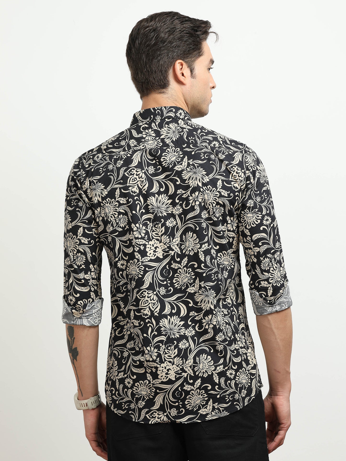 Men’s Black & Beige Floral Printed Slim Fit Casual Shirt By Black Thread