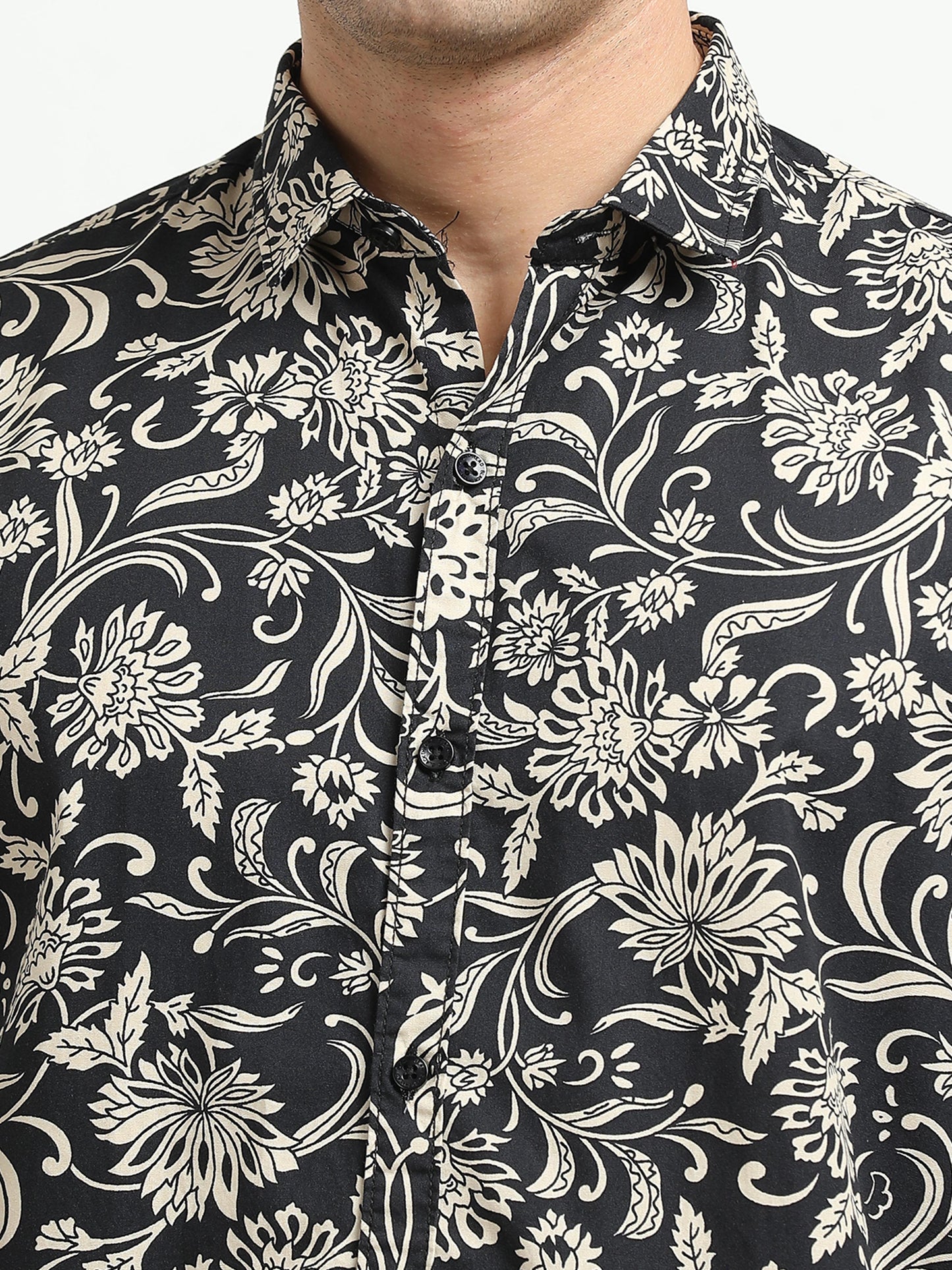 Men’s Black & Beige Floral Printed Slim Fit Casual Shirt By Black Thread