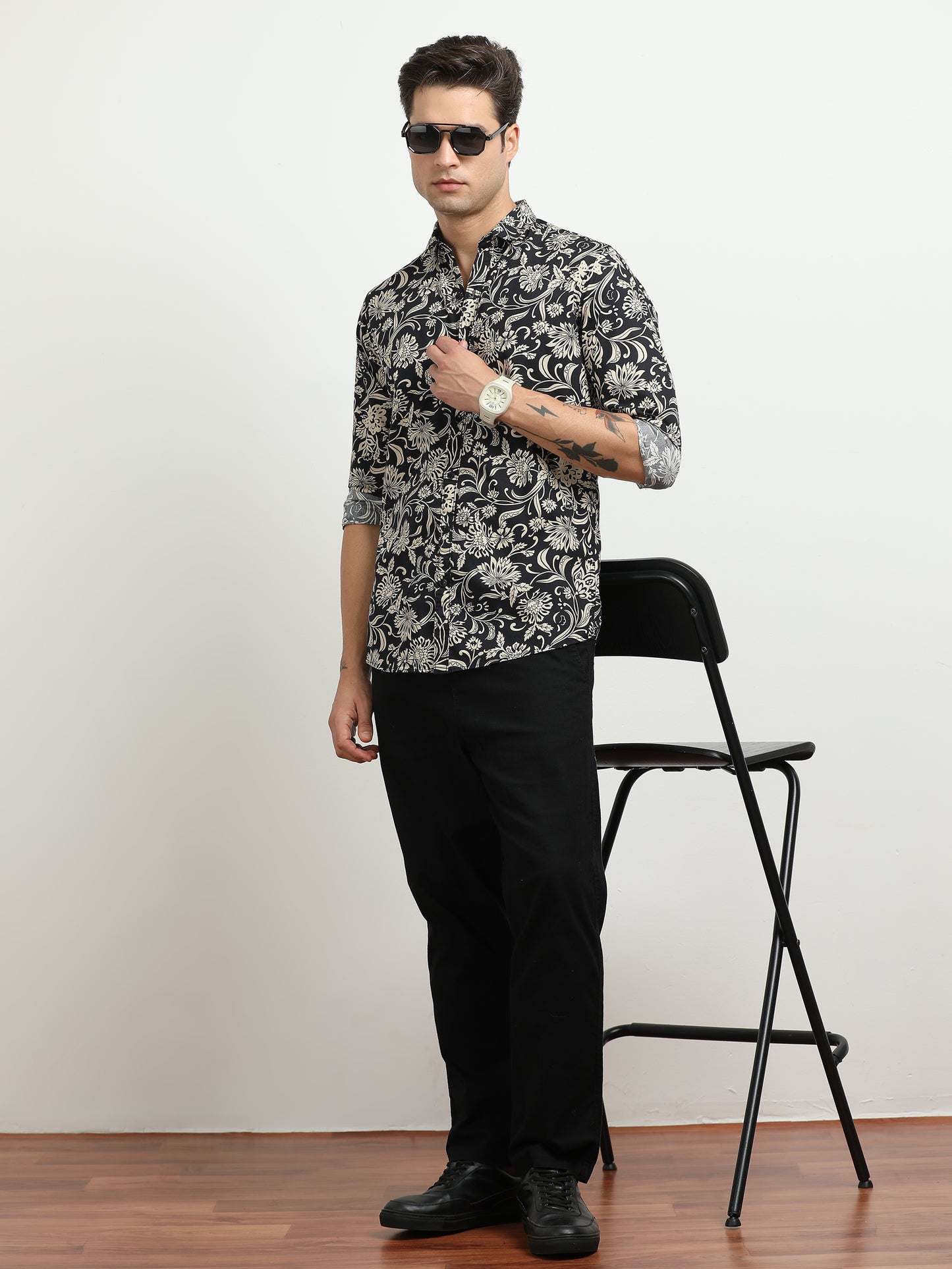 Men’s Black & Beige Floral Printed Slim Fit Casual Shirt By Black Thread
