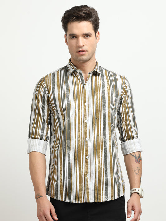 Men’s White & Mustard Striped Slim Fit Casual Shirt By Black Thread