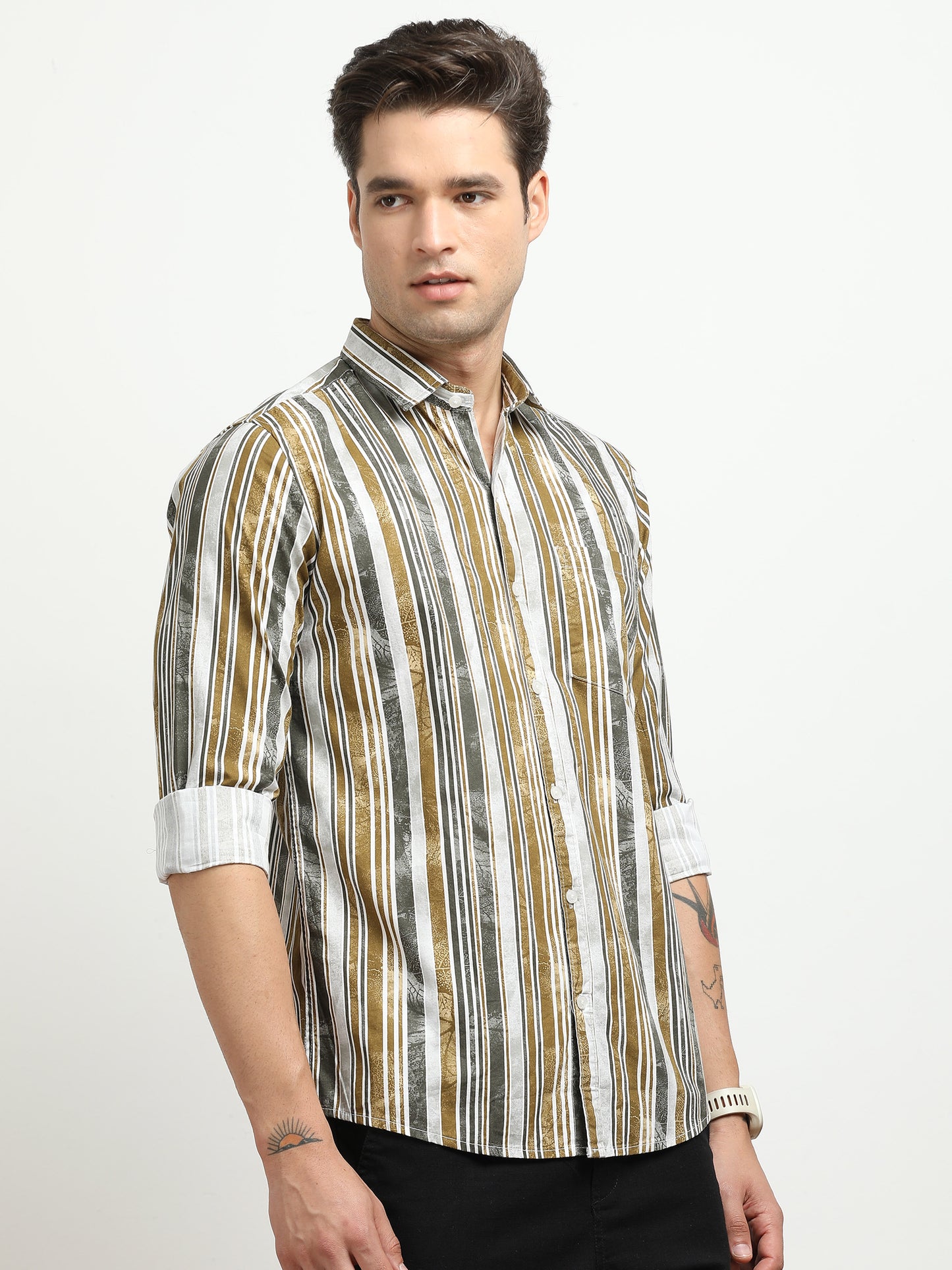 Men’s White & Mustard Striped Slim Fit Casual Shirt By Black Thread